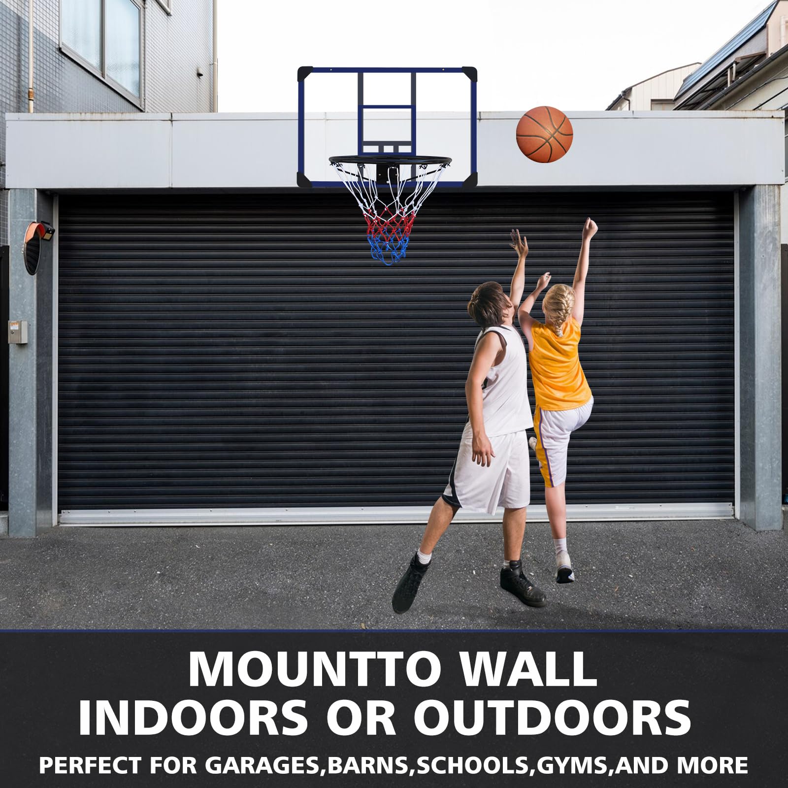 Aro de baloncesto montado en la pared, 89 x 60 cm, parte trasera inastillable, aro plegable, aro duradero y red para todo tipo de clima para uso en interiores y exteriores