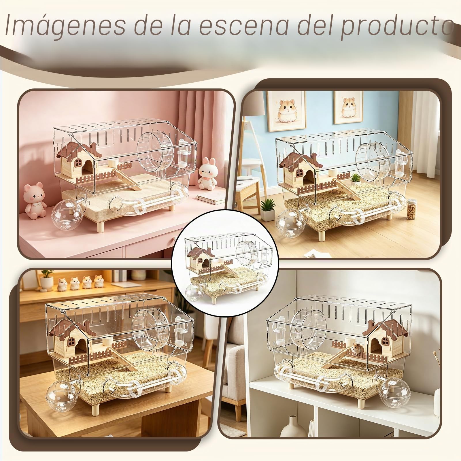 Jaula Hamster, 43 x 30 x 34 cm Jaula Grande para Hámster de Acrílico con Zona de Descanso Rueda de Ejercicio Túnel Baño Exterior Tetera y Comedero para Animales Pequeños para Jugar y Retozar