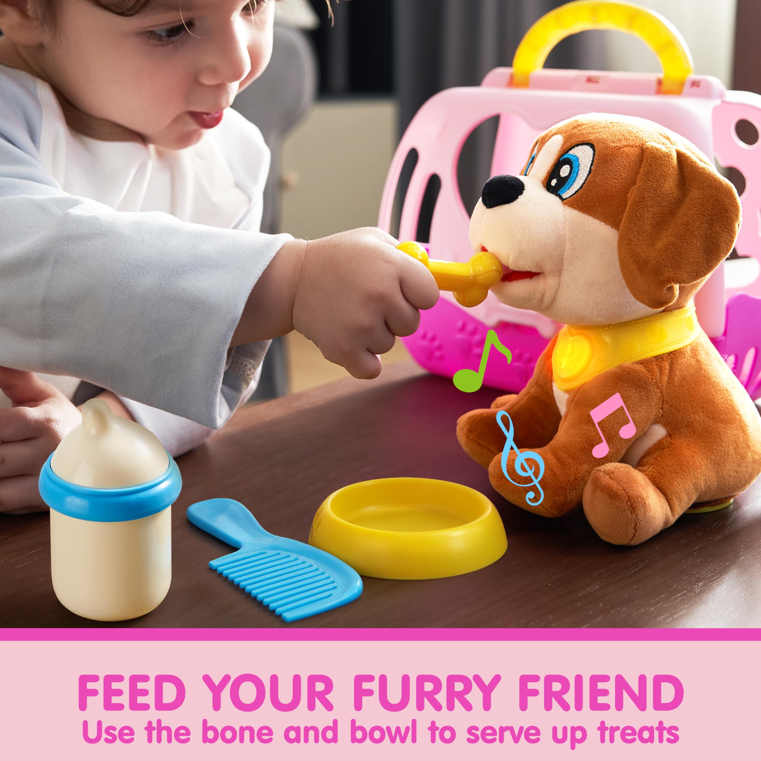 JOYIN Juguetes de peluche para perros para niños, juguete interactivo para cachorros con luces y sonidos, juguetes para el cuidado de mascotas con transportador y accesorios, juego de simulación para