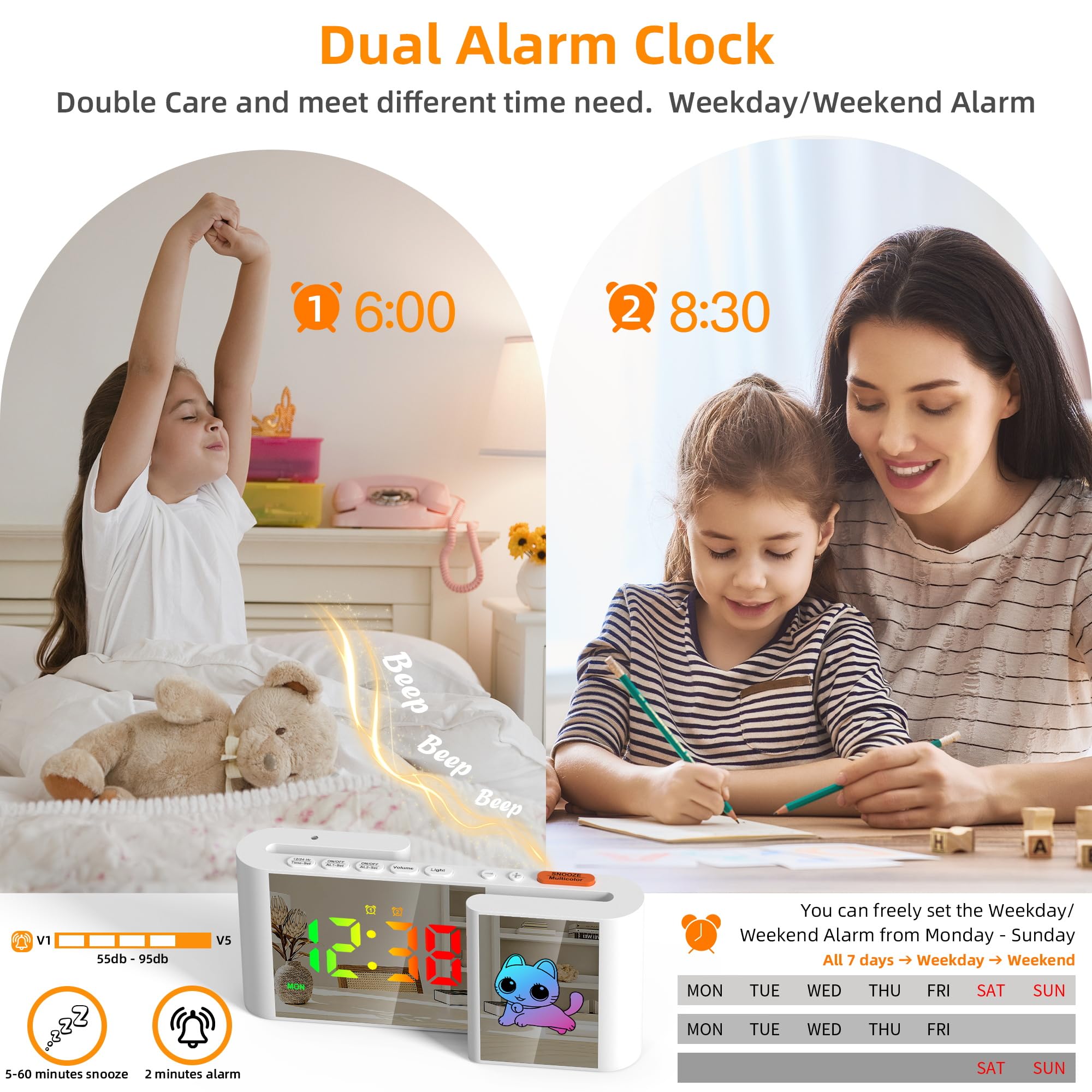 Sveglia RGB per Bambini - Schermo RGB con Luce Notturna a Disegno Animato - Doppia Allarme - Funzione Snooze - Regolatore di Volume - Visualizzazione della Settimana - Gatto Bianco