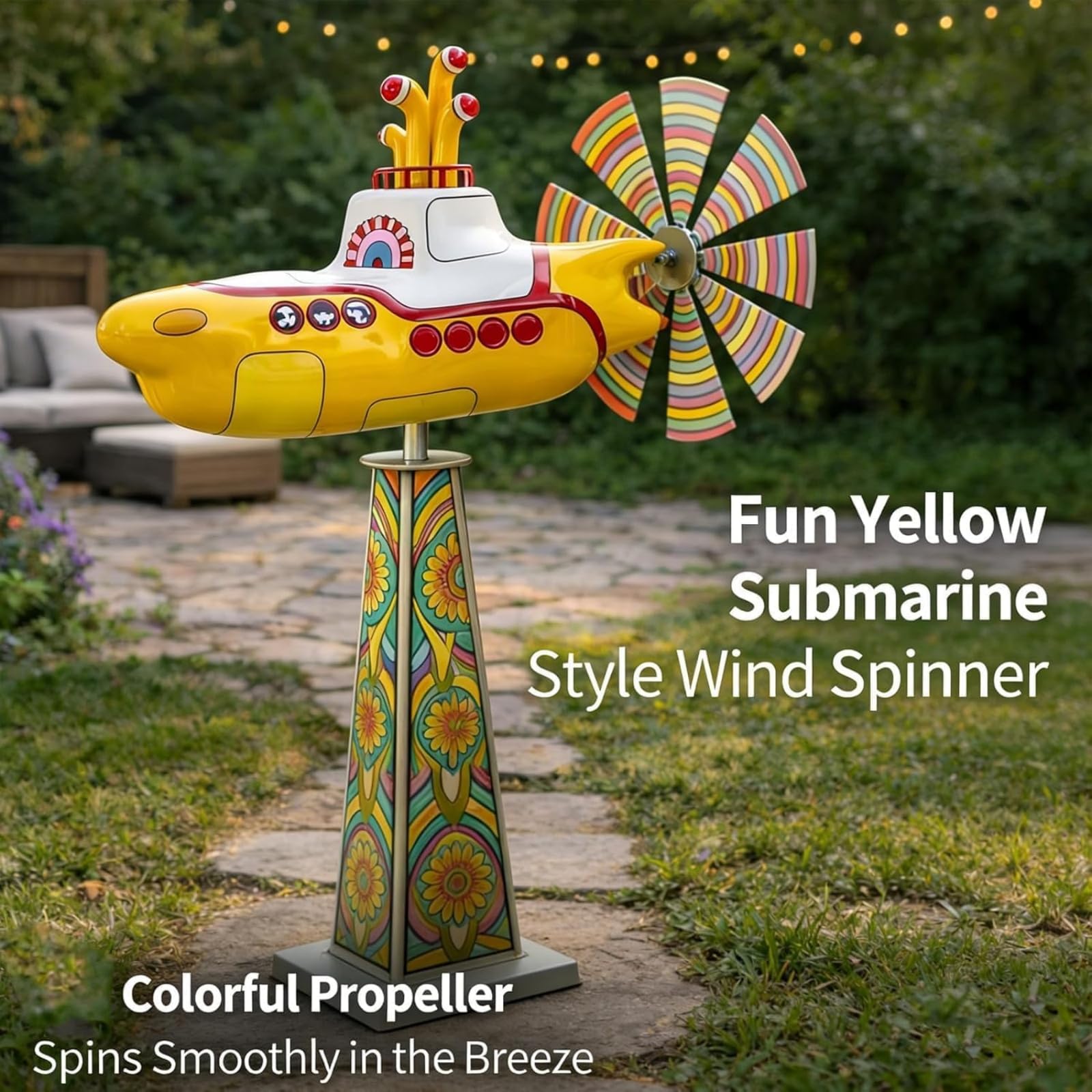 Yellow Submarine Wind Spinner, Heavy Duty Metal Rotating Yard Art, Kinetic Outdoor Garden Decor for Patio, Lawn, Flower Bed – UV-Resistant, Non-Fading Submarine Windmill (#a) — view 2