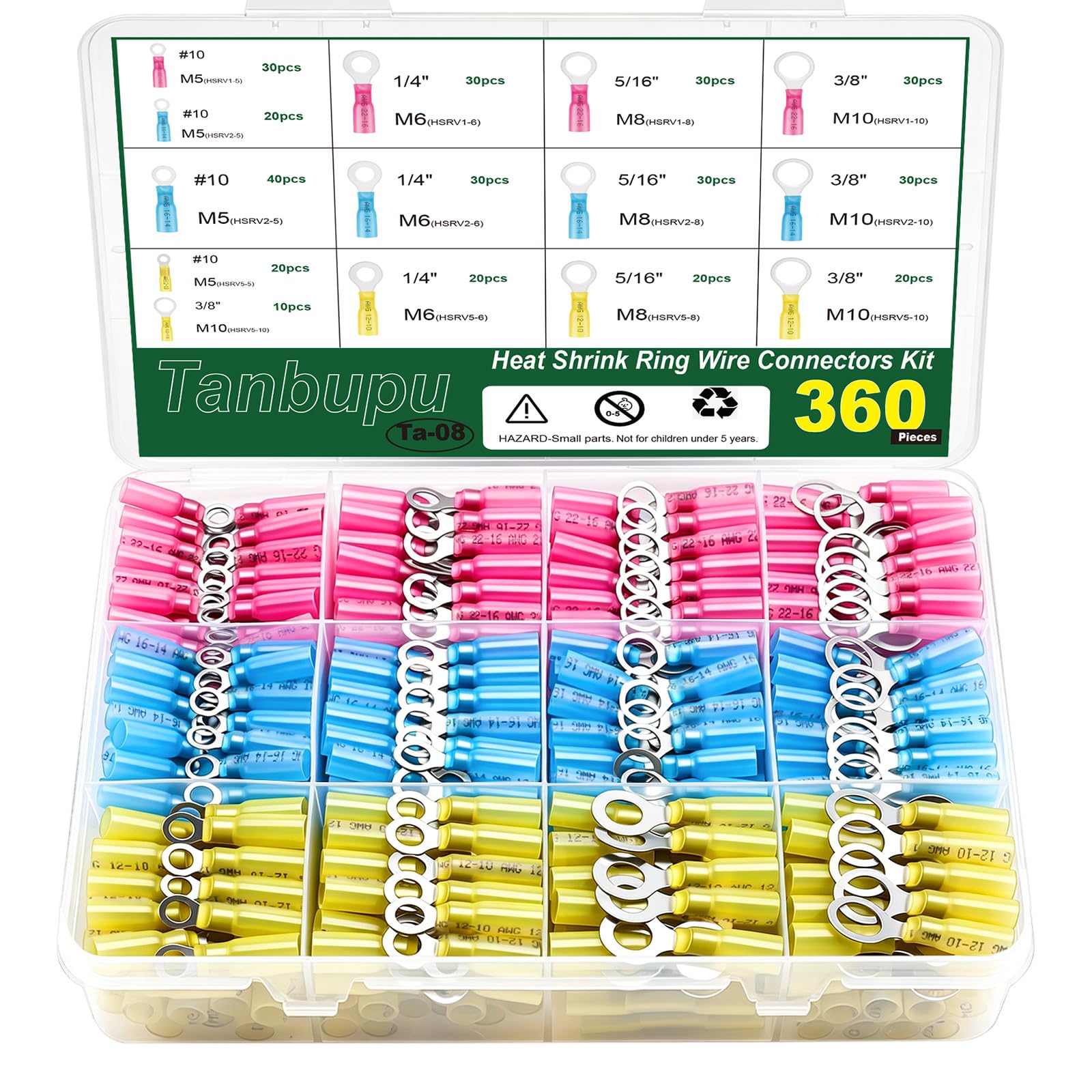 360 connettori termorestringenti ad anello, #10, 1/4", 5/16", 3/8" (3 colori/4 misure) 12-10 16-14 22-16 Gauge kit terminali elettrici marini impermeabili, assortimento di connettori isolati a