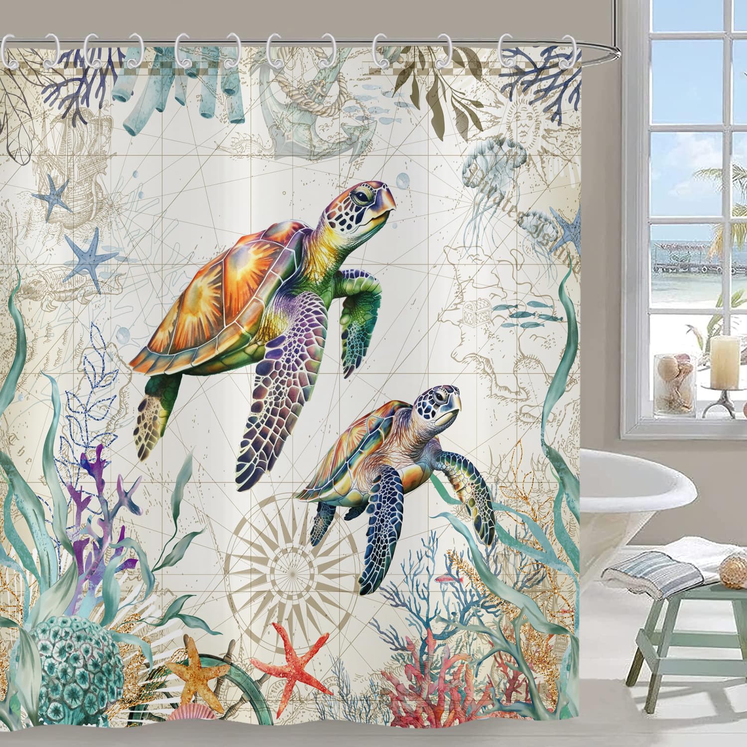 Hnmdmyi Sea Turtle Shower Curtain 180x200, Nautical Ocean Animal Underwater Starfish Coral Anchor Marine Life Vintage Bathroom Curtains Waterproof Polyester Fabric Washable Bath Curtains with Hooks