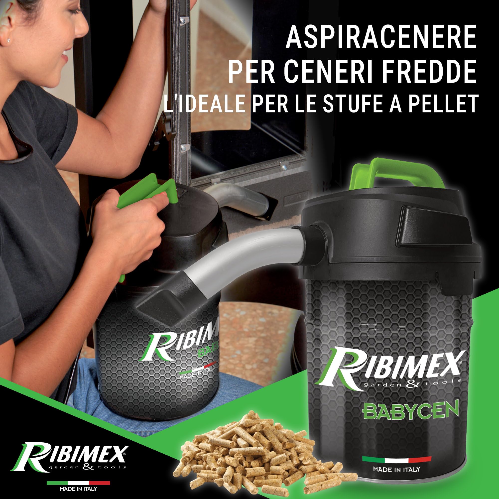 Ribimex Aspiracenere Elettrico Babycen, con Filtro HEPA Lavabile, Bidone da 4 L Compatto e Leggero, Potenza 500 W, Ideale per Aspirare Ceneri Fredde da Stufe a Pellet - PRCEN018