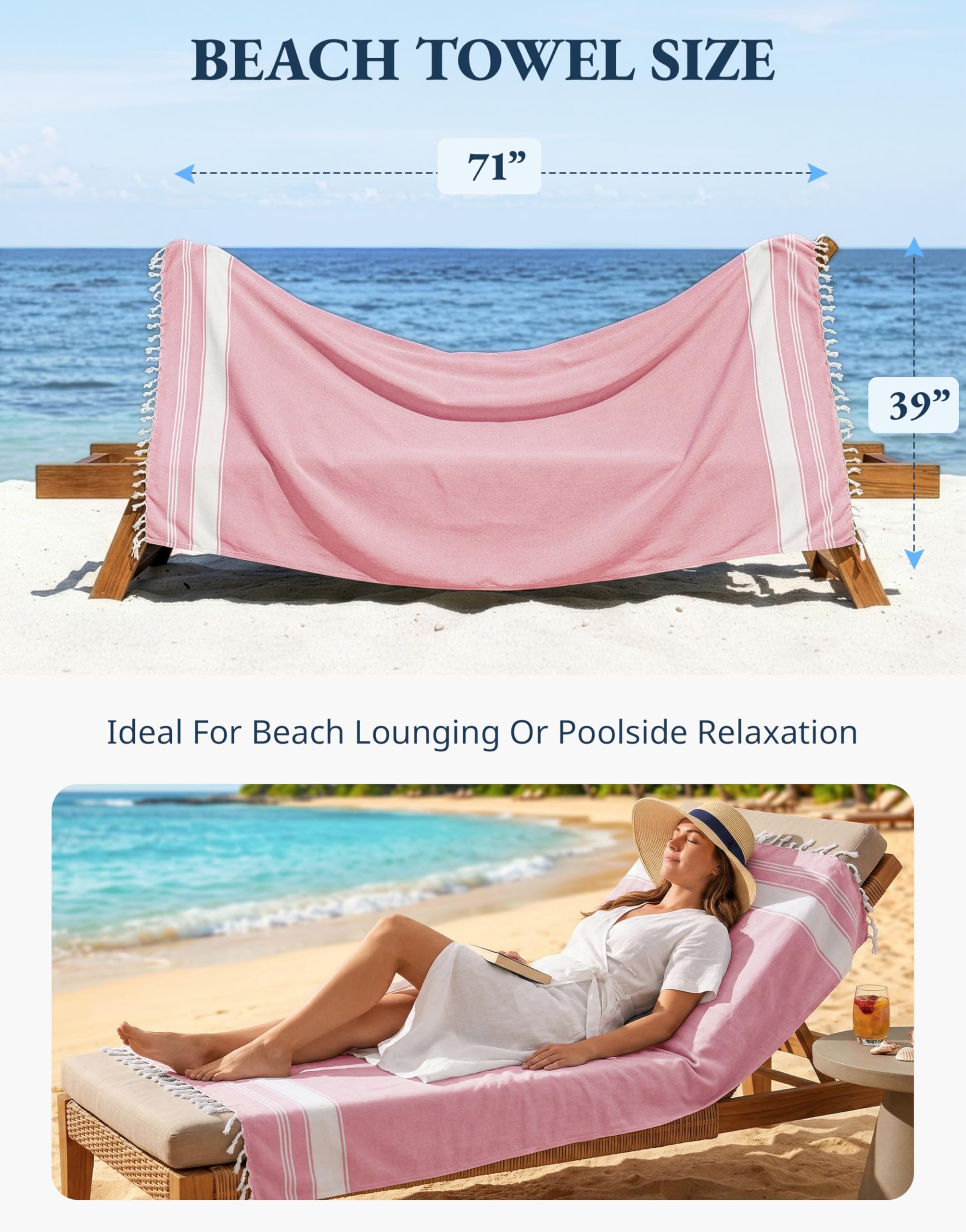 LANE LINEN – Ensemble de serviettes de plage turques, lot de 4 – Serviettes de plage, serviettes de piscine prélavées, serviette de plage extra grande, sèche rapidement et sans sable, serviette de