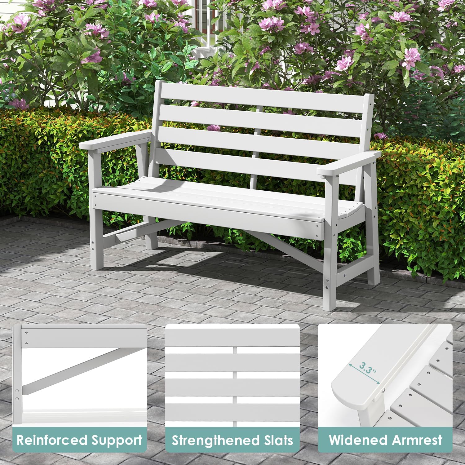 IVY&LANE Outdoor Bench | HDPE Plastic | 2-Person | Garden Benches | Weatherproof | White | for Patio Park Porch Outside Backyard