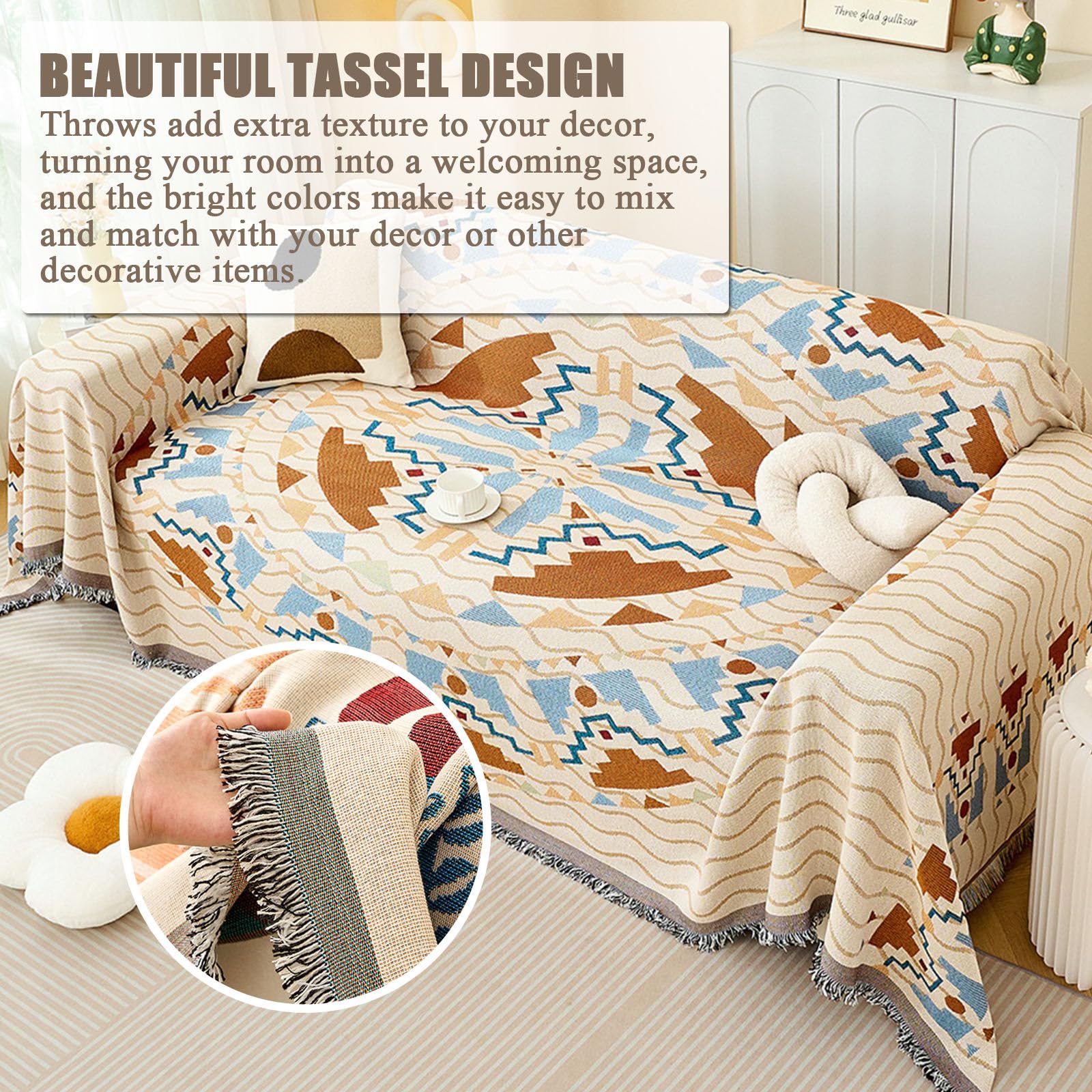Coperta Boho Double Face Con Nappe | Cotone 130x180 Cm Per Divano E Letto