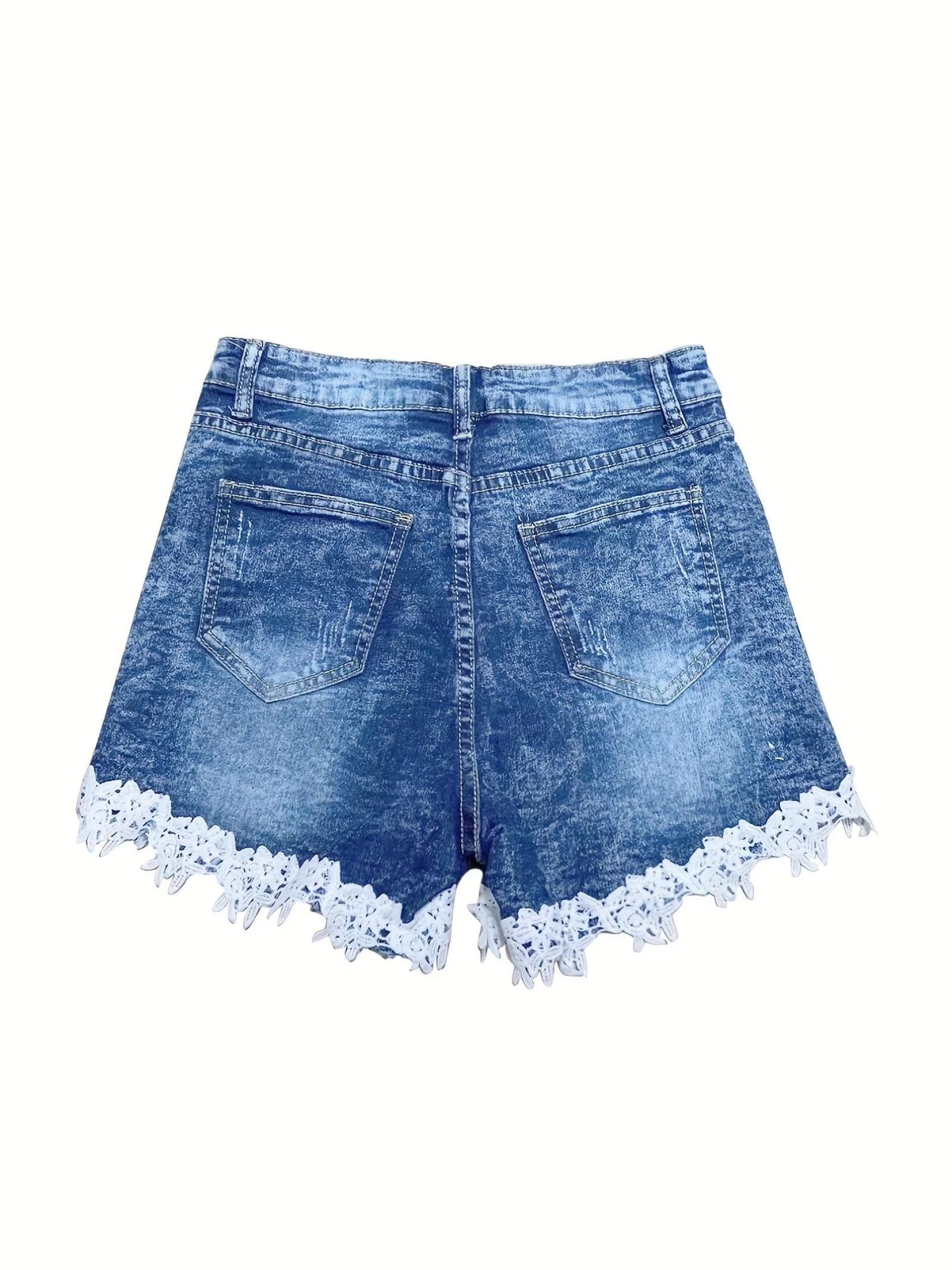 Short Jogging Dentelle Décor Denim Shorts Haute-Stretch Slash Poches Casual Court Denim Pantalon Esthétique Fée Style Femmes