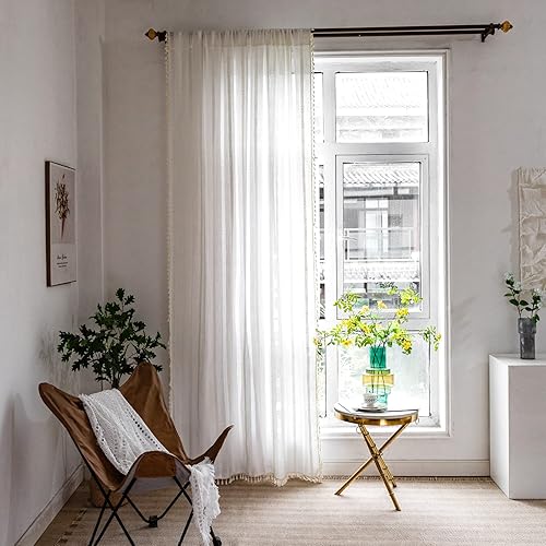 Miniatura 3 de TOPSMCHER Cortinas bohemias de 84 pulgadas para sala de estar, 2 paneles bordados a rayas con borlas, cortinas de lino semiopacas para sala de