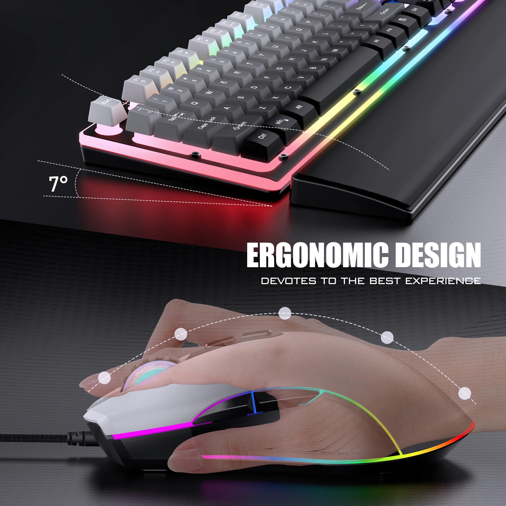 RedThunder K10 - Tastiera da gioco cablata con mouse, retroilluminazione RGB, tastiera meccanica anti-ghosting + mouse 7D 7200 DPI + poggiapolsi in pelle morbida, accessori per PC 3 in 1 (grigio