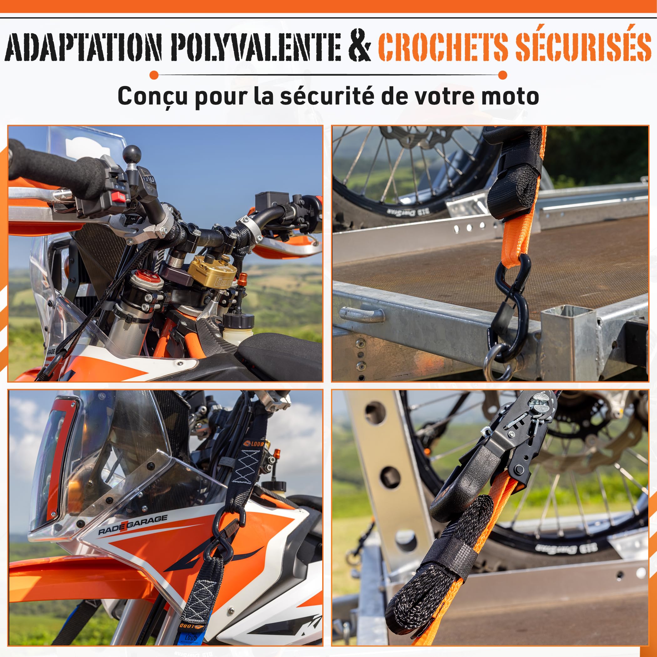 LODD - Lot de 2 Sangles d'Arrimage Moto à Cliquet 41mm x 3,4m - Crochets Sécurisés, Boucles Souples - Ultra Résistante 2000 kg - Idéal Moto, Quad, Remorque et Bateau - Sac de Transport Inclus