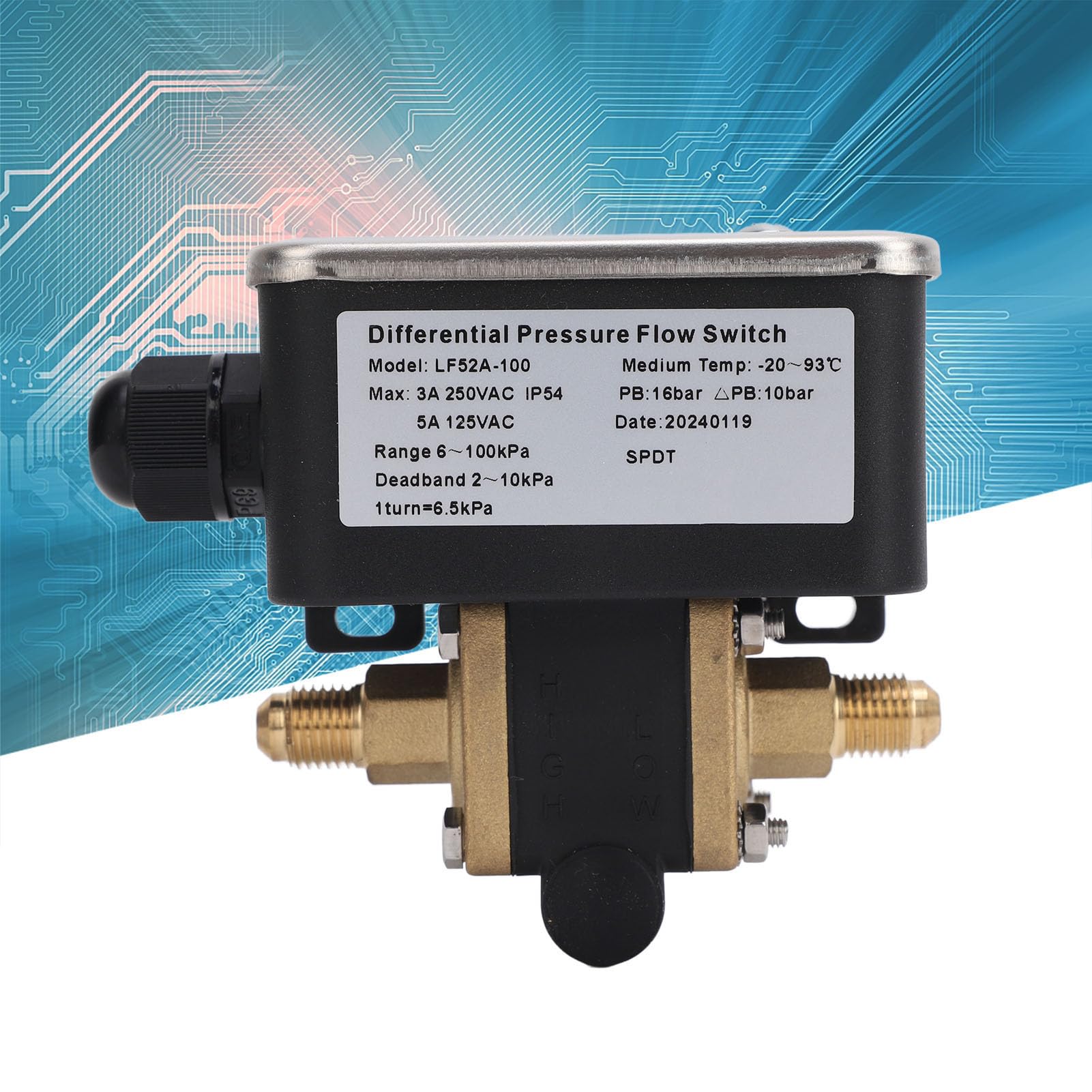 Jeanoko Commutateur de Débit à Pression Différentielle, Réglable 2 Fils 6-100kPa 125VAC 250VAC IP54, Pressostat Différentiel, pour Filtres à Eau Pompes échangeurs de Chaleur