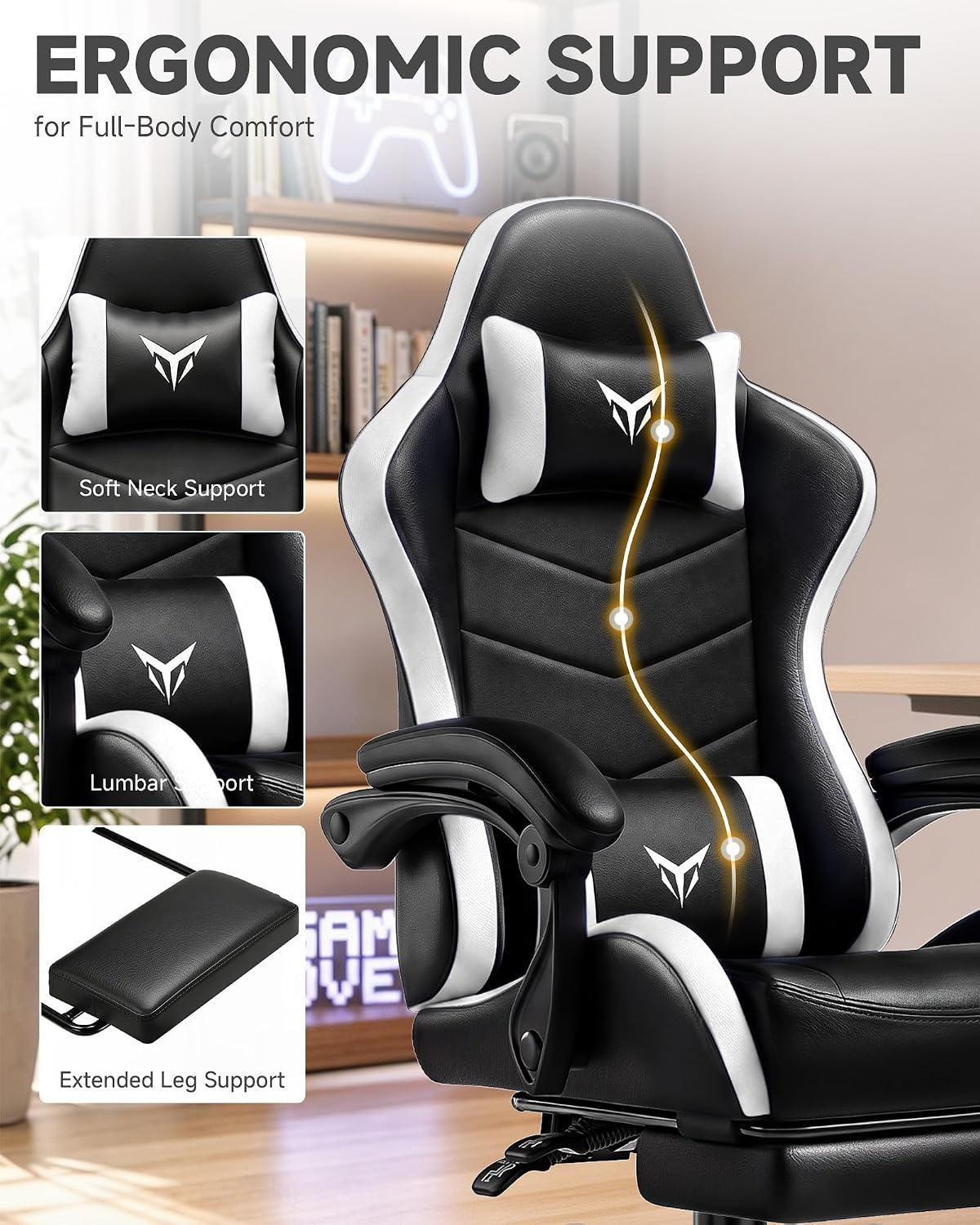 LUCKRACER Gaming Chair, Comfy Computer Chair w/Footrest for Adults, White