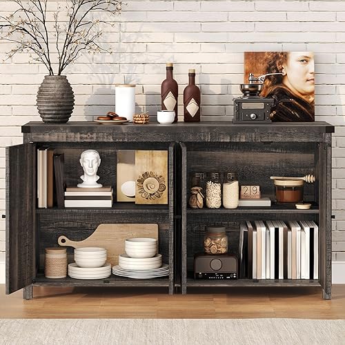 Vista 5 de DWVO Armario buffet con almacenamiento, aparador de 55 pulgadas con estantes y puertas, armarios de bar de café de granja, mesa de cocina para Roble