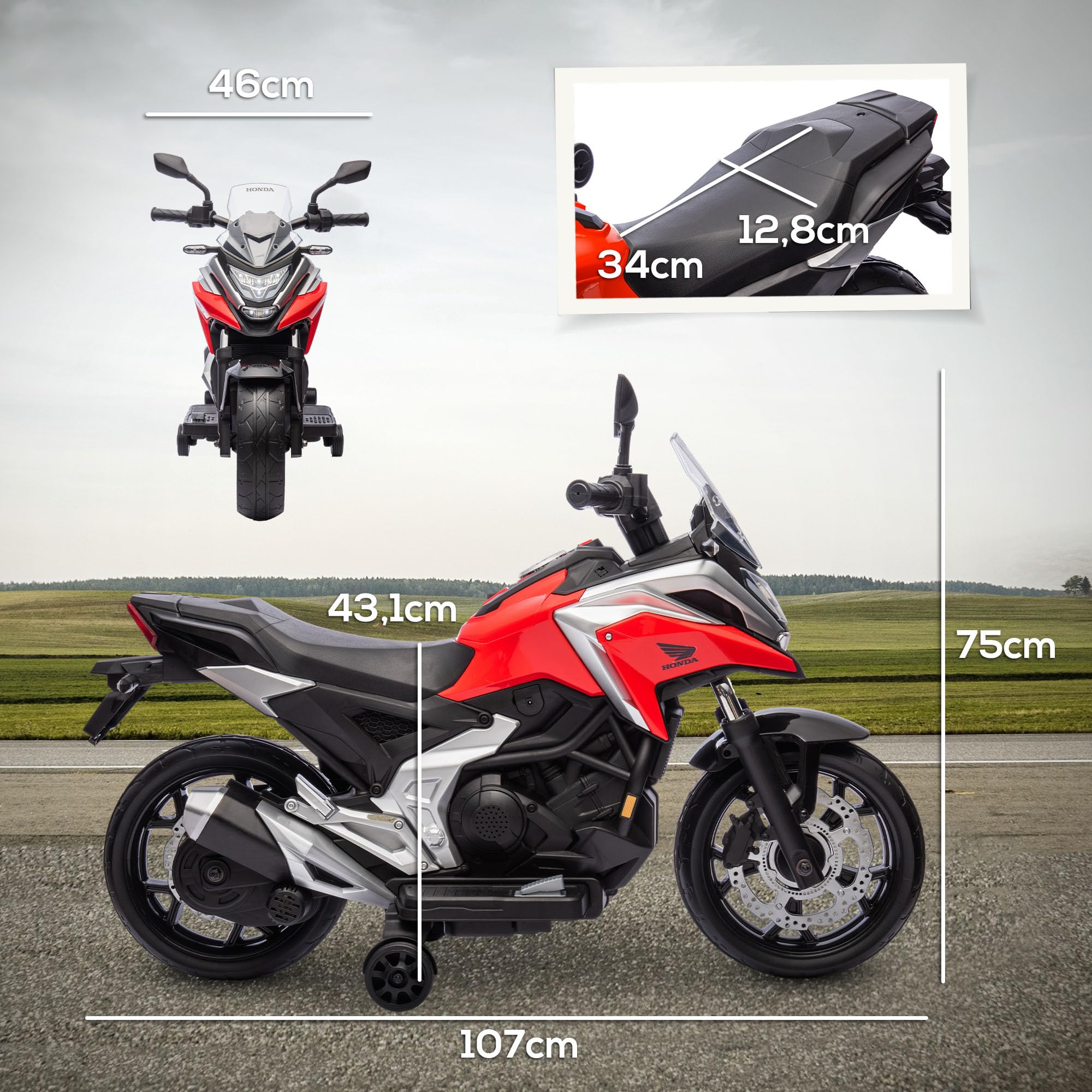 AIYAPLAY Moto Eléctrica Niños 12V Honda Licencia 3 km/h 30 kg Rojo
