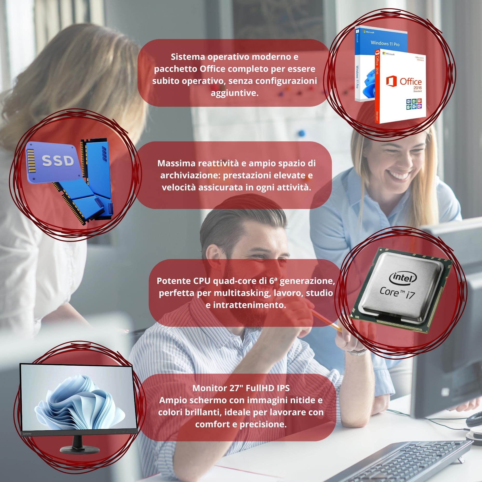 Lenovo PC Completo Ufficio Professionale i7 no a 4.0ghz - Monitor 27 Pollici FHD 32 GB di Ram 1 Tera SSD Nvme - - Win 11 Pro MS Office Garanzia 36 MEsi