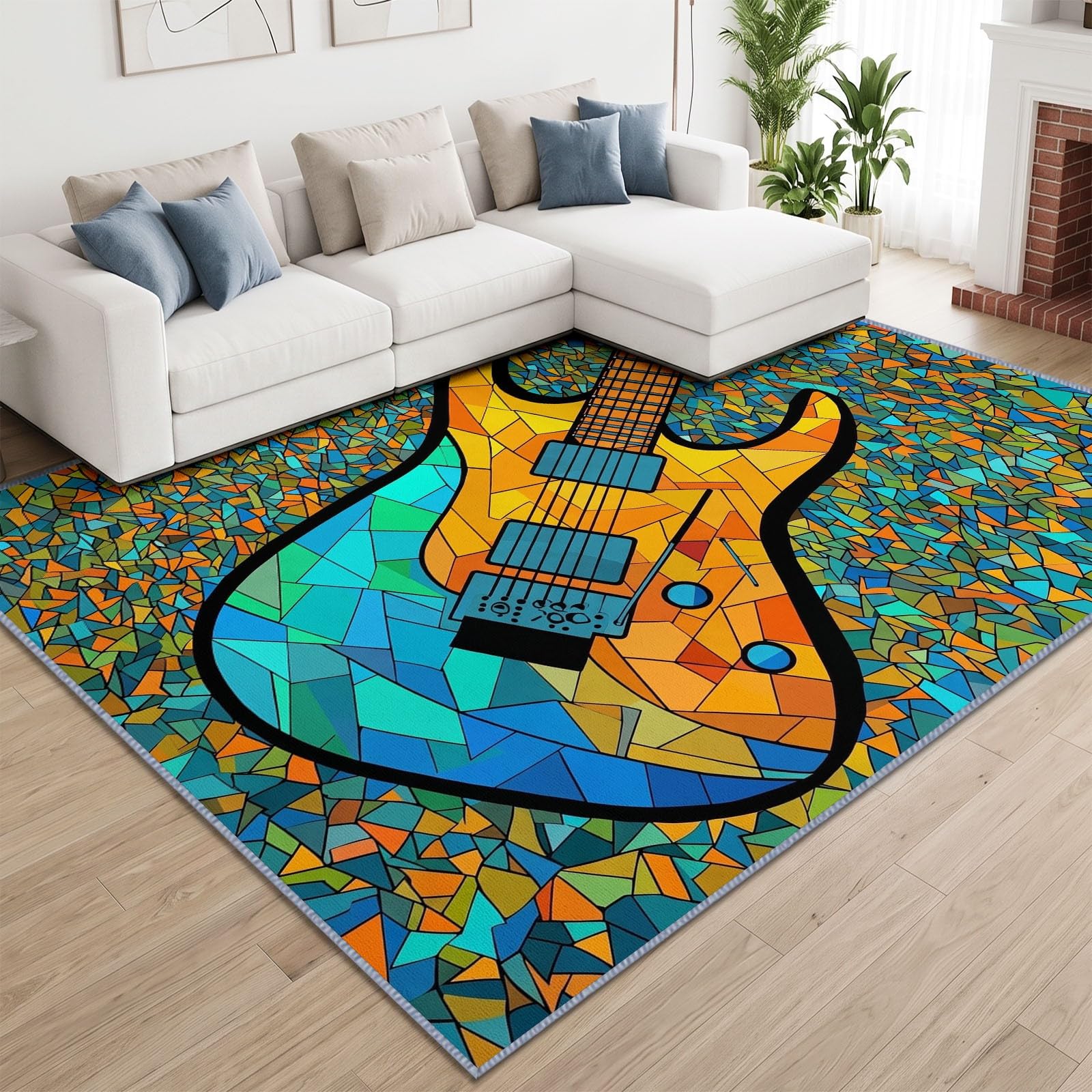 Tapis de Salon Lavable 180 x 240 cm Guitare Électrique Vitrail, Tapis Antidérapant à Poils Ras Géométrique pour Cuisine Bureau Salle à Manger - Moquette Décoration Intérieure Chambre d'enfant