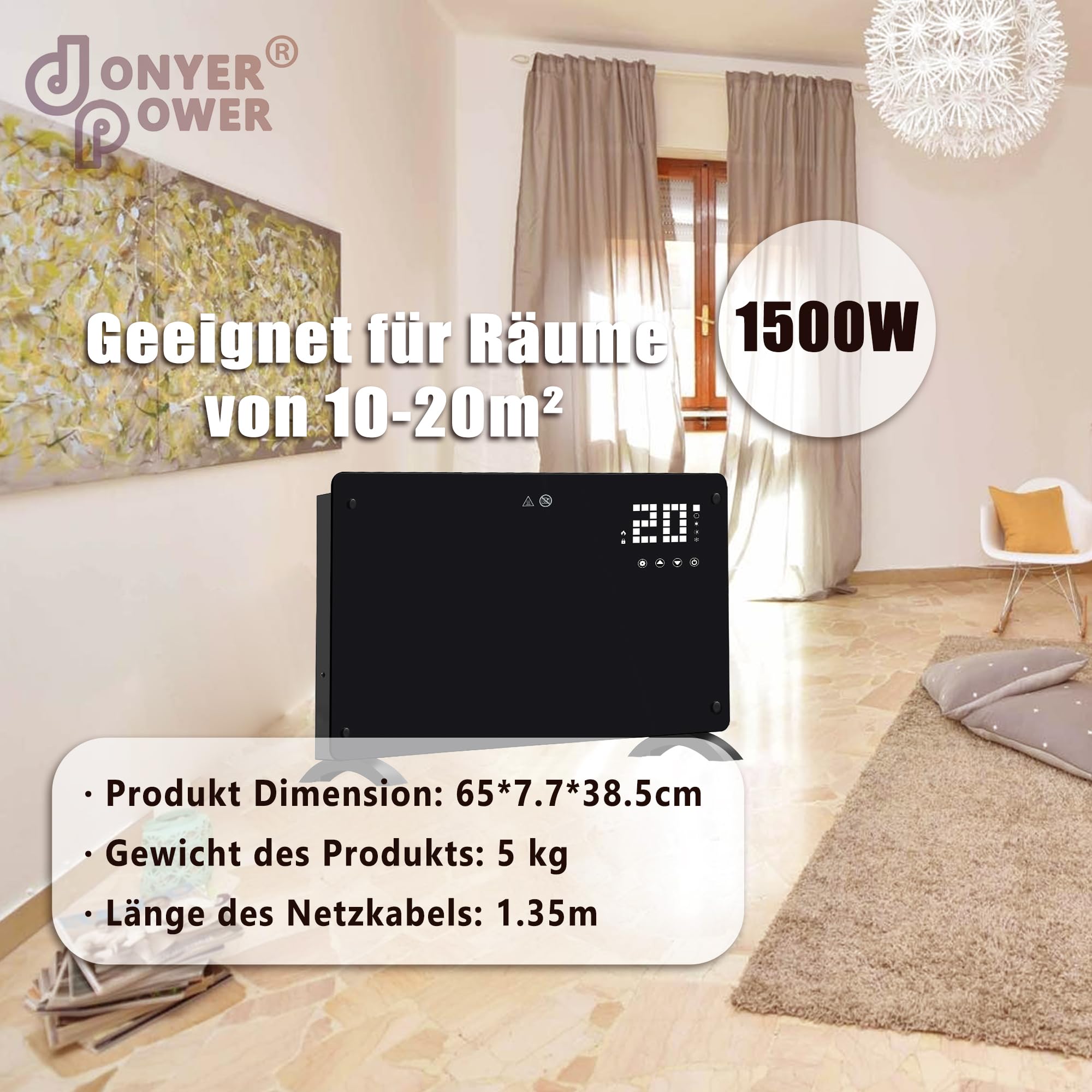 DONYER POWER Calentador convector de 1500 W, montaje en pared ultrafino o independiente, mando a distancia con temporizador de 24 horas, cristal negro
