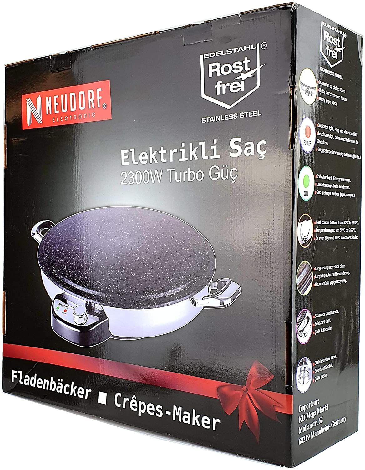Fladenbäcker Modell "Granit" (2300 W - ØBackfläche 50 cm)/ Temperaturregler (mit Thermostat) 50-265°C/Sac Crêpes Crêpe Yufka Katmer/Antihaftbeschichtung/Edelstahl Griffe & Sockel