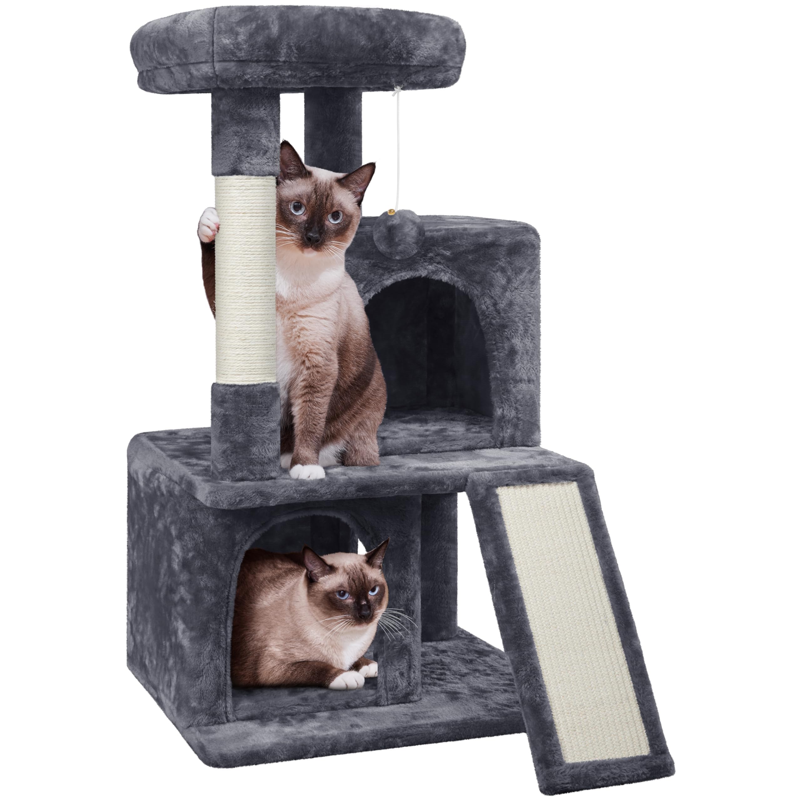 Yaheetech Arbre à Chat avec Griffoir et Poteaux en Sisal Centre d'activités 2 Niches 1 Boule de Peluche et 1 Platforme 49 x 45,5 x 91 cm Gris Foncé