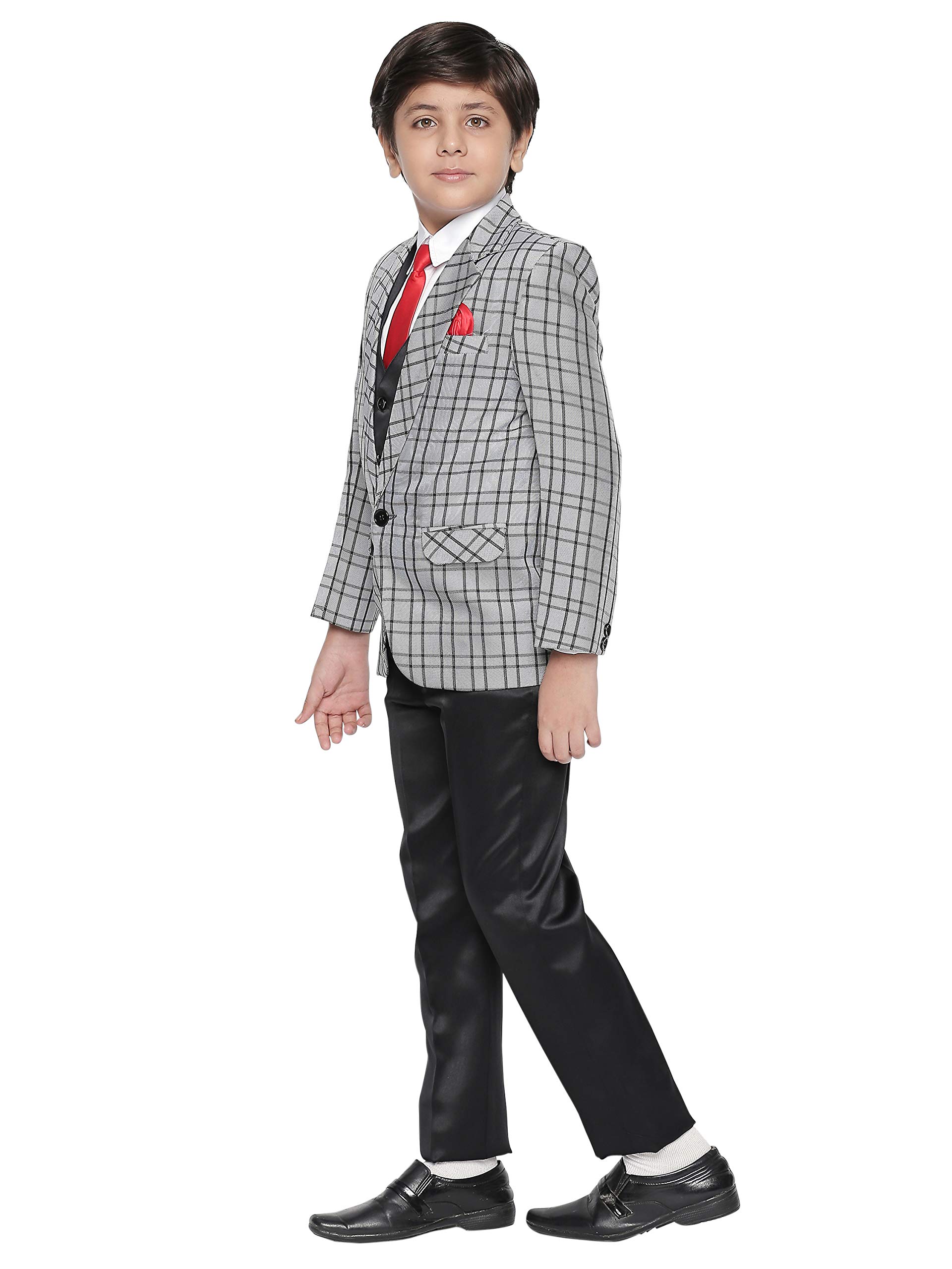 Jeetethnics Boys Grey Checked Coat Suit Set with Waistcoat Shirt and Trousers (9057AJ)