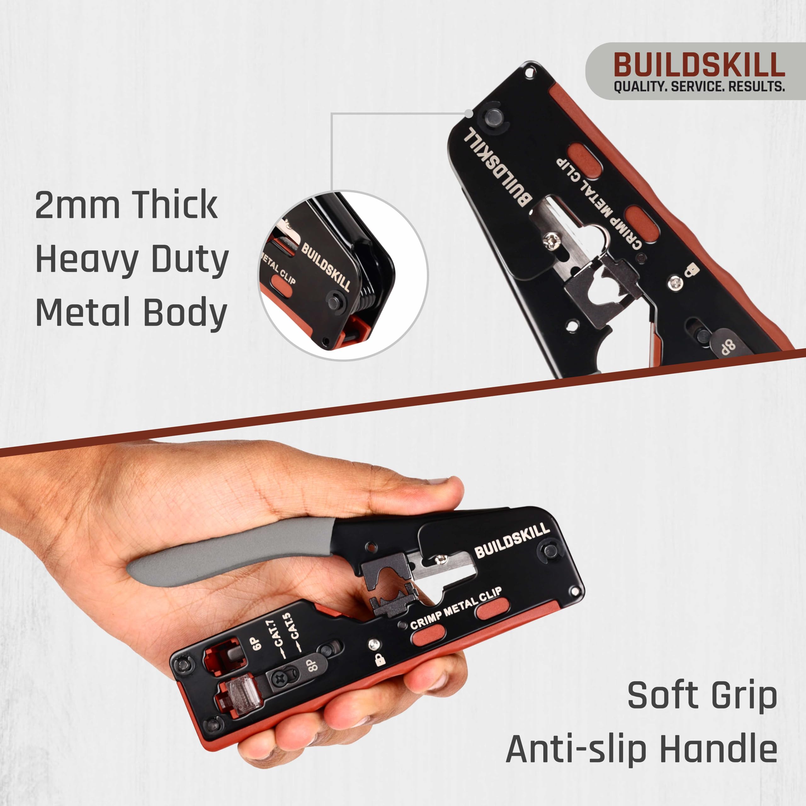 BUILDSKILL 3-in-1 network crimping tool, wire stripper and cutter | safety lock button | soft grip handle | 2mm heavy-duty metal body | ideal ethernet & telephone cables,RJ12, RJ11, RJ45 crimping tool - Image 4 thumbnail