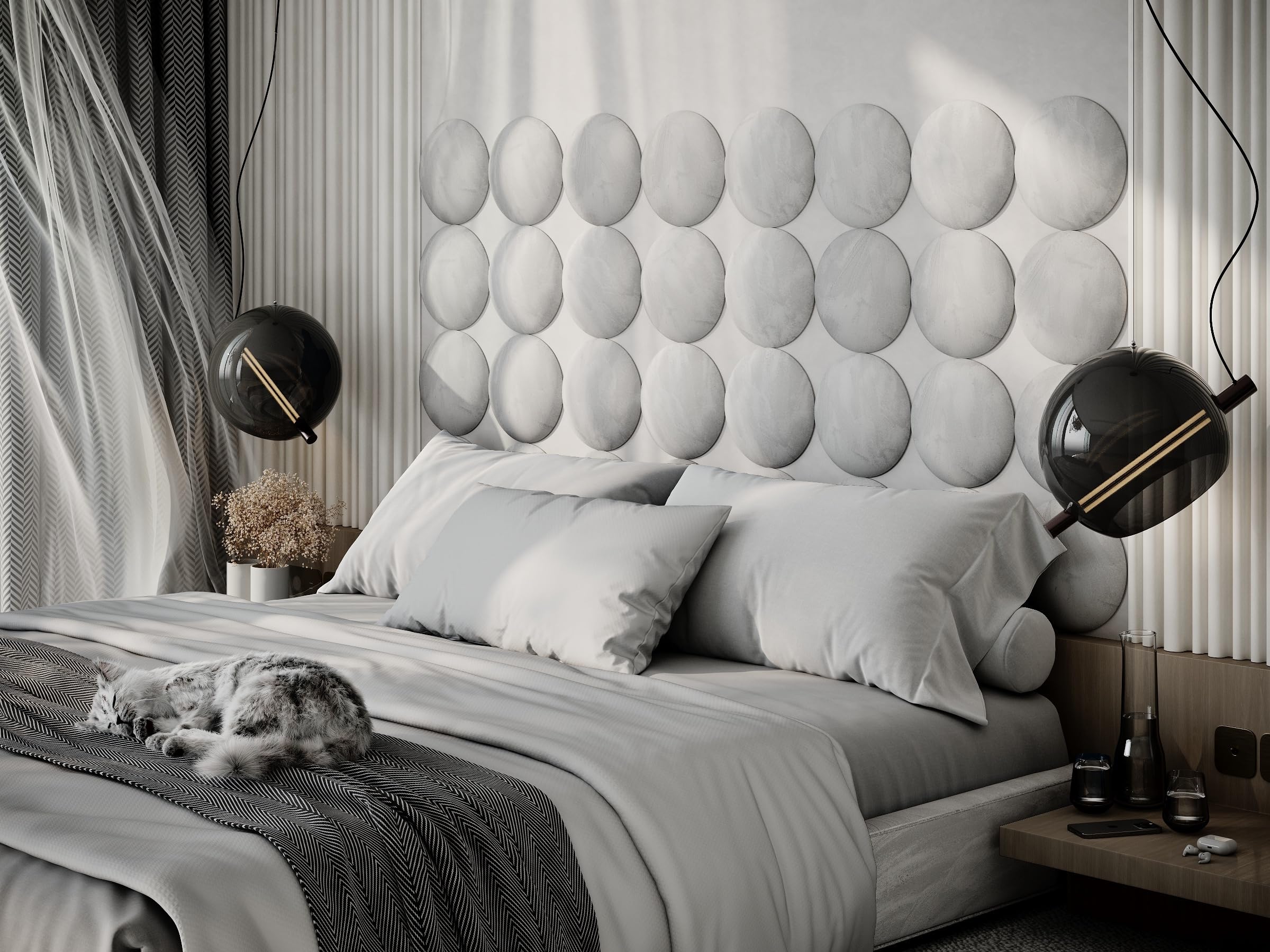 4 Pack — Upholstered Decorative Wall Panels Velvet Headboard Padding | Cushioned Planks | Padded Decor Collision Avoidance | Acoustic Soundproofing Treatment | (White, 4x Round (25x25cm))