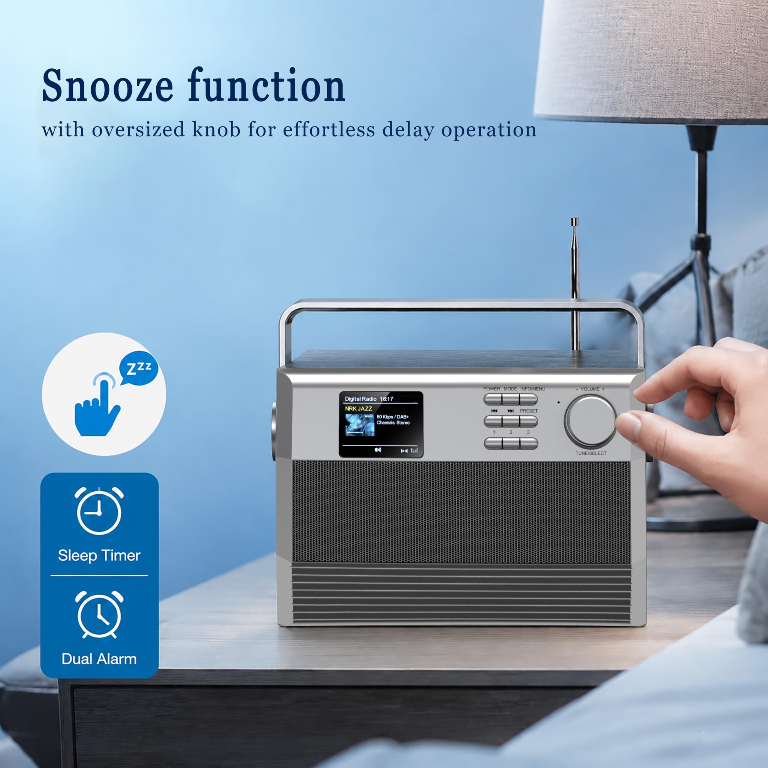 Radio DAB+ in legno Stereo Display Colorati | Legno MDF, Stereo 2x3W, Sveglia dimmerabile, Per camera da letto, USB/TF/AUX, Altoparlante wireless 5.3