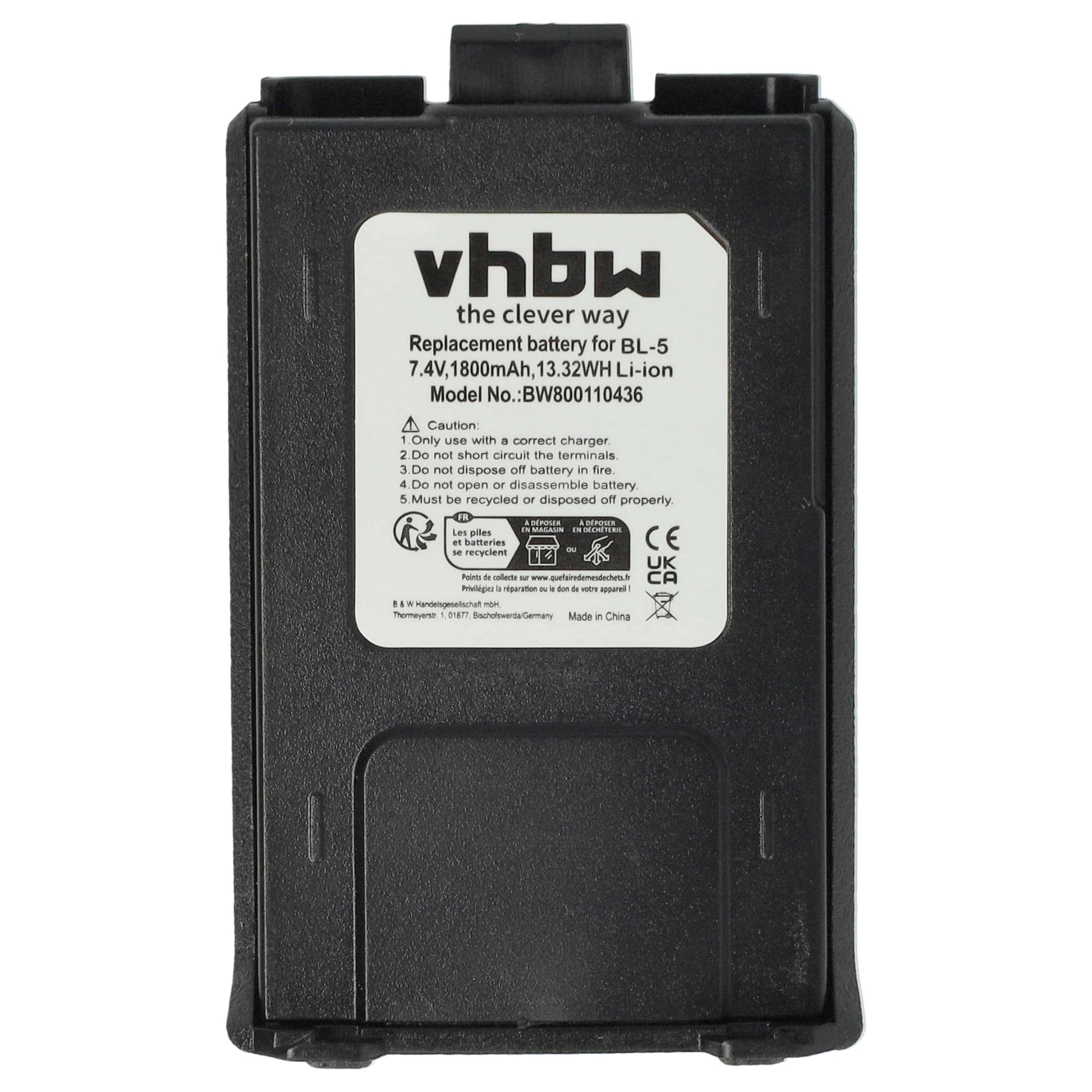 vhbw batteria compatibile Baofeng UV-5R UV-5RE UV-5RA 1800mAh 7,4V Li-Ion sostituisce BL-5