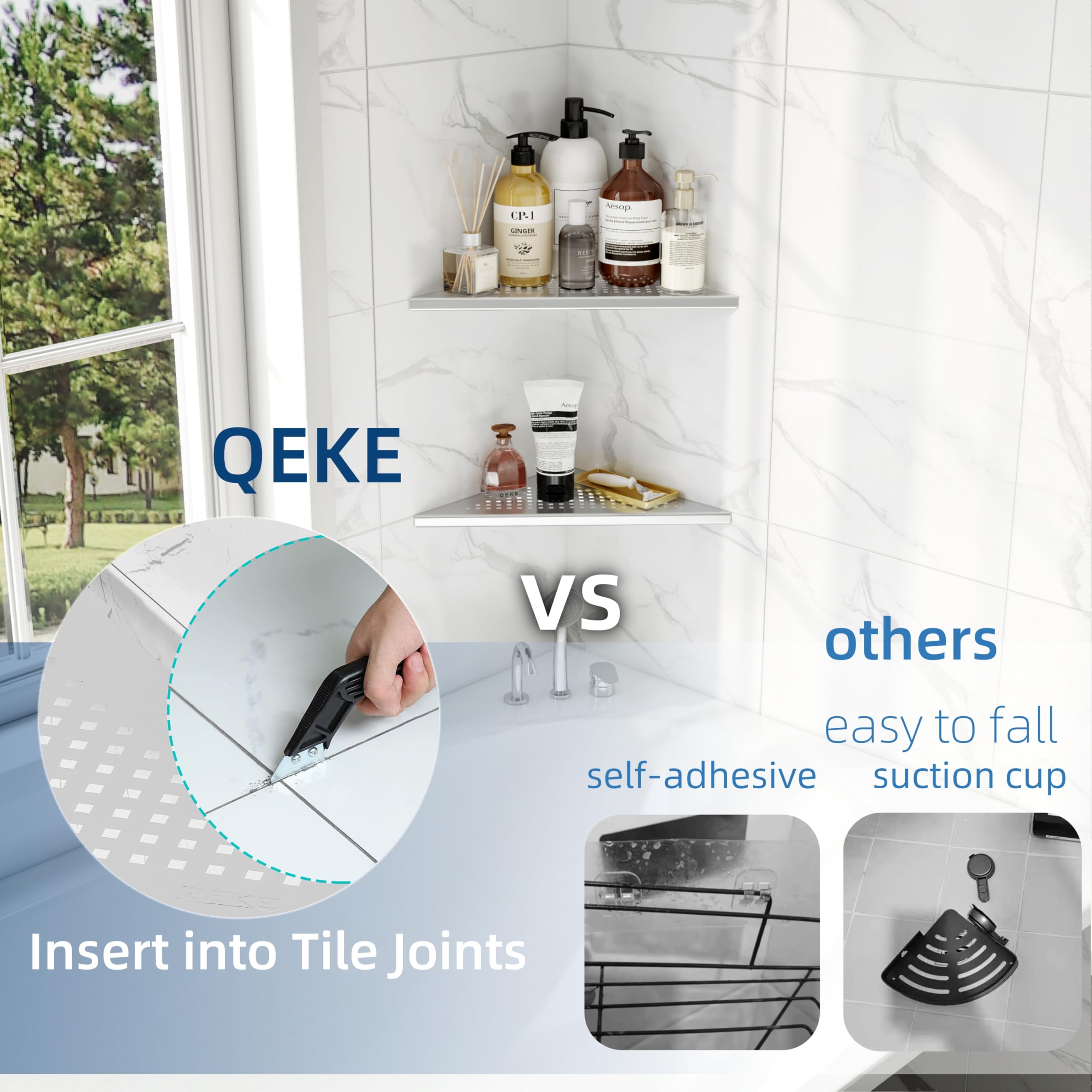 Qeke Shower Shelf for Tile Joint 90° ONLY Corner Shelf NO Drilling, Shower Caddy of 304 Stainless Steel - Image 4