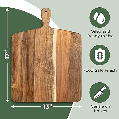 Vista 3 de Tabla de cortar de madera de acacia y tabla de cortar con mango para carne, tabla de queso, verduras, pan y embutidos – Tabla decorativa de madera