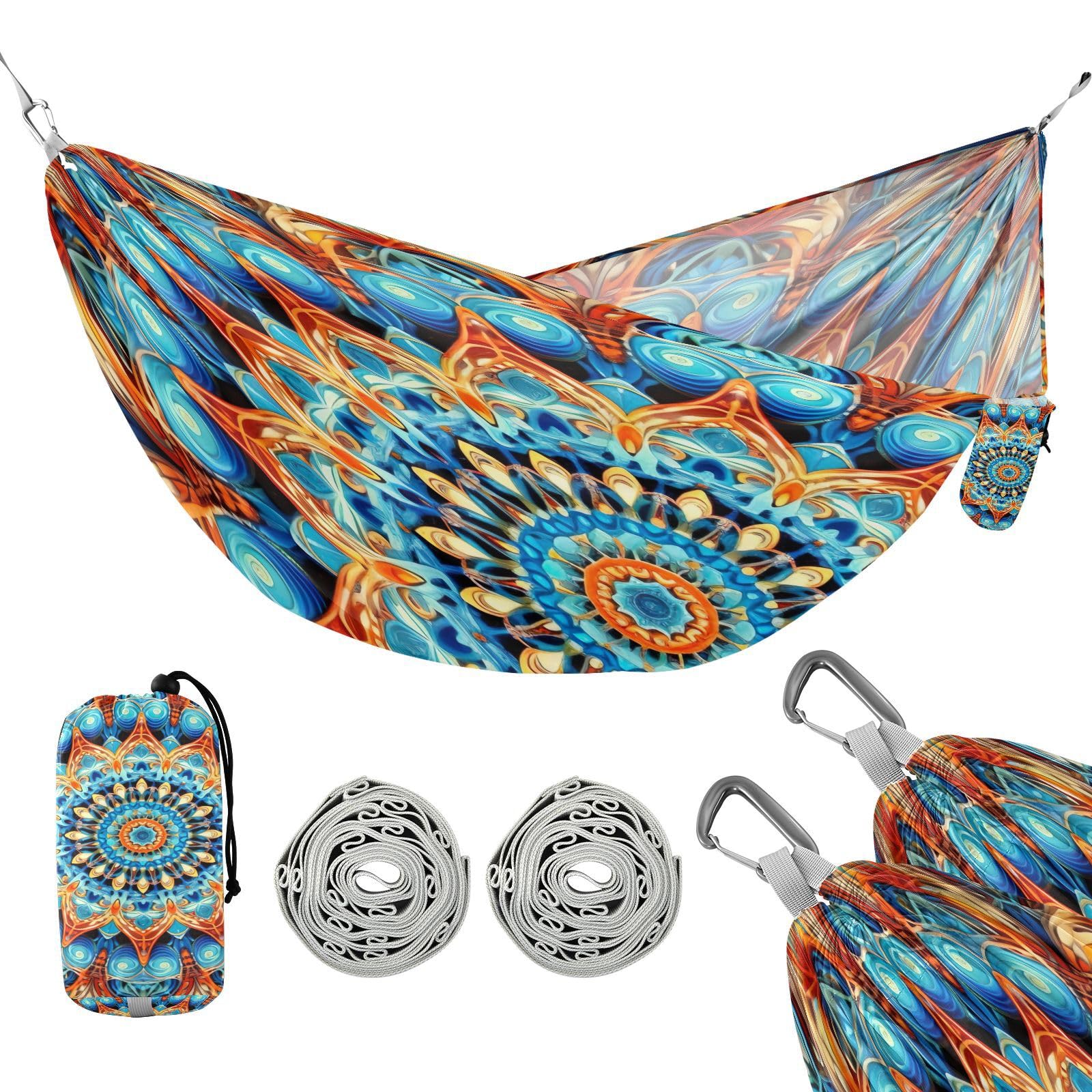 SDMKA Blue Orange Mandala Camping Hammock, 330 lbs with 2 Tree Straps, Carry Bag, Single Portable Hammock for Outdoor/Indoor, Hiking, Beach, Backpacking, Travel