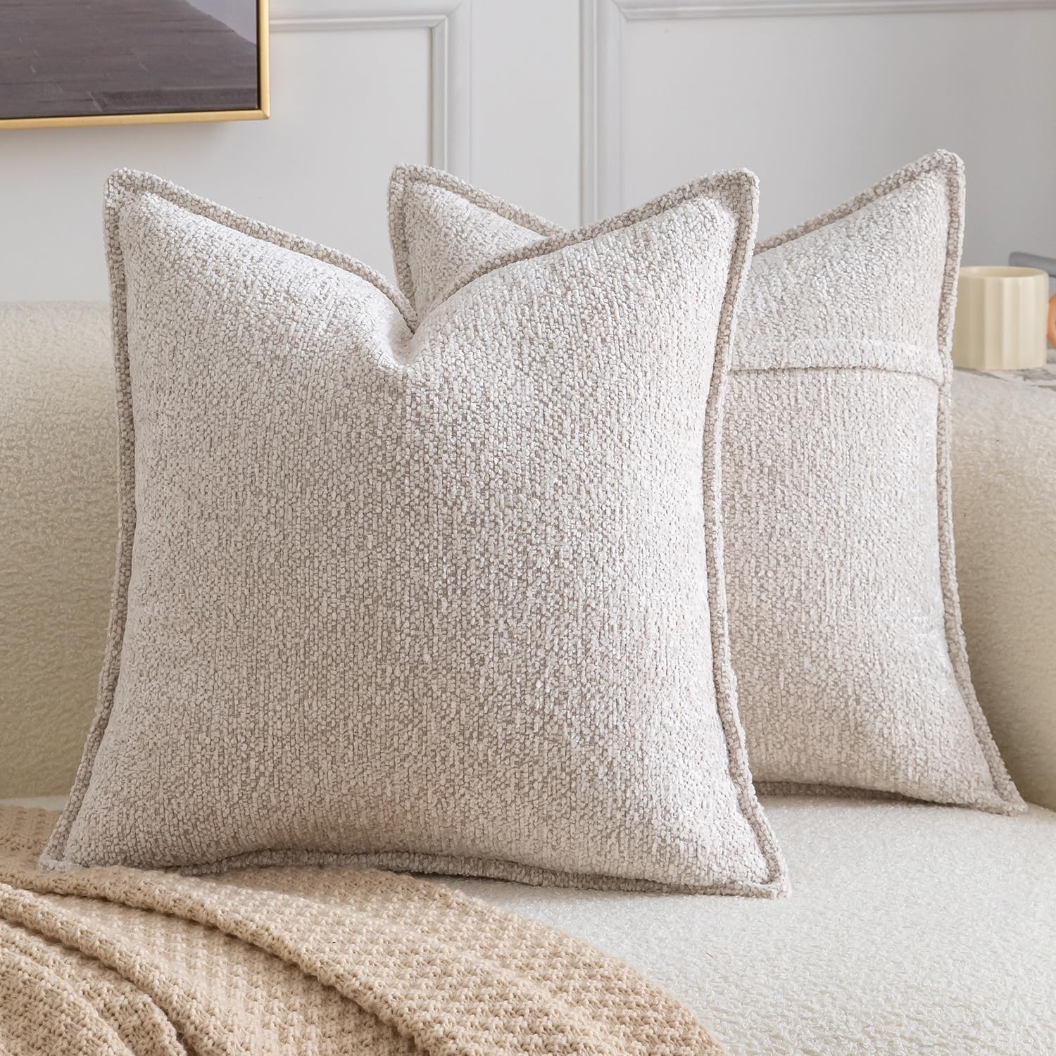 Madizz Pack of 2 Decorative Cushion Covers Boho Soft Textured Chenille Throw Pillows Solid Euro Sham Pillow Covers for Couch Sofa Bedroom Living Room 60x60 CM, Beige