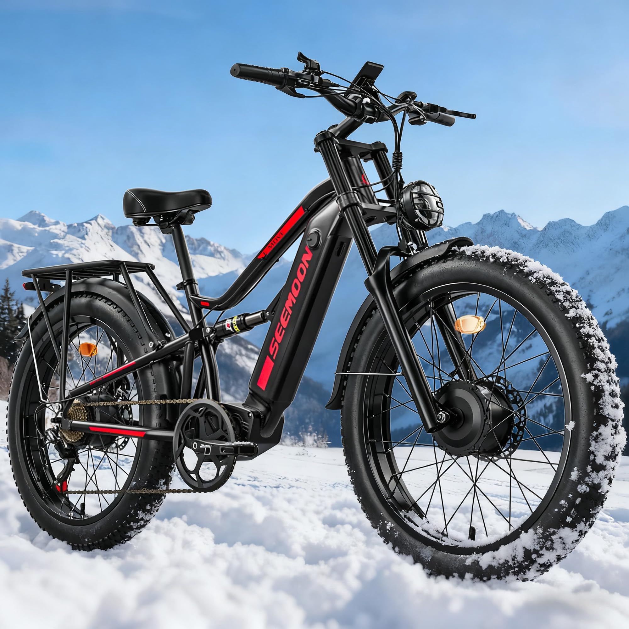 Seemoon 3000W Dual Motor Ebike for Adults 52V 20Ah Fast Electric Bike for Men Women 38 MPH,Up to 100 Miles,26" Fat Tire Lockable Suspension Electric Bike for Snow Off-Road Commuter Mountain E-Bike SM8