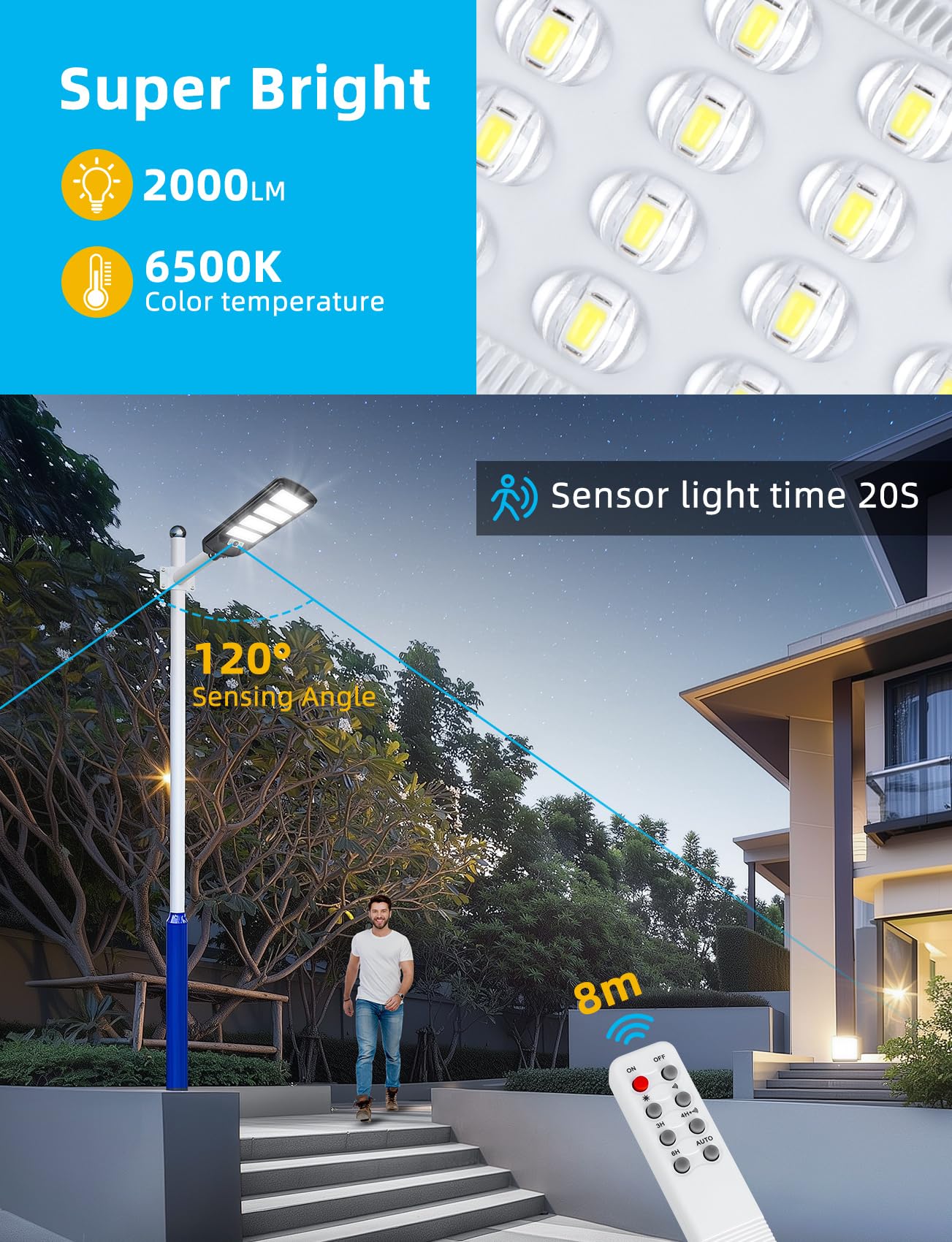 Aigostar- 4Pz 200W Lampione Solare da Esterno con Sensore di Movimento, Telecomando, Impermeabile IP65, 2000LM Luce Fredda 6500K, Lampioni Solari LED per Giardino, Cortile, Strada,Non Include il Palo