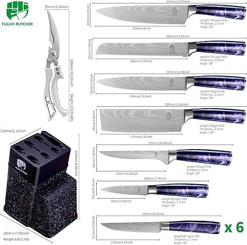 Miniatura 2 de FULLHI Juego de cuchillos de cocina de 14 piezas, cuchillos de chef con bloque y afilador, juego de cuchillos de cocina, mango multicolor, regalos