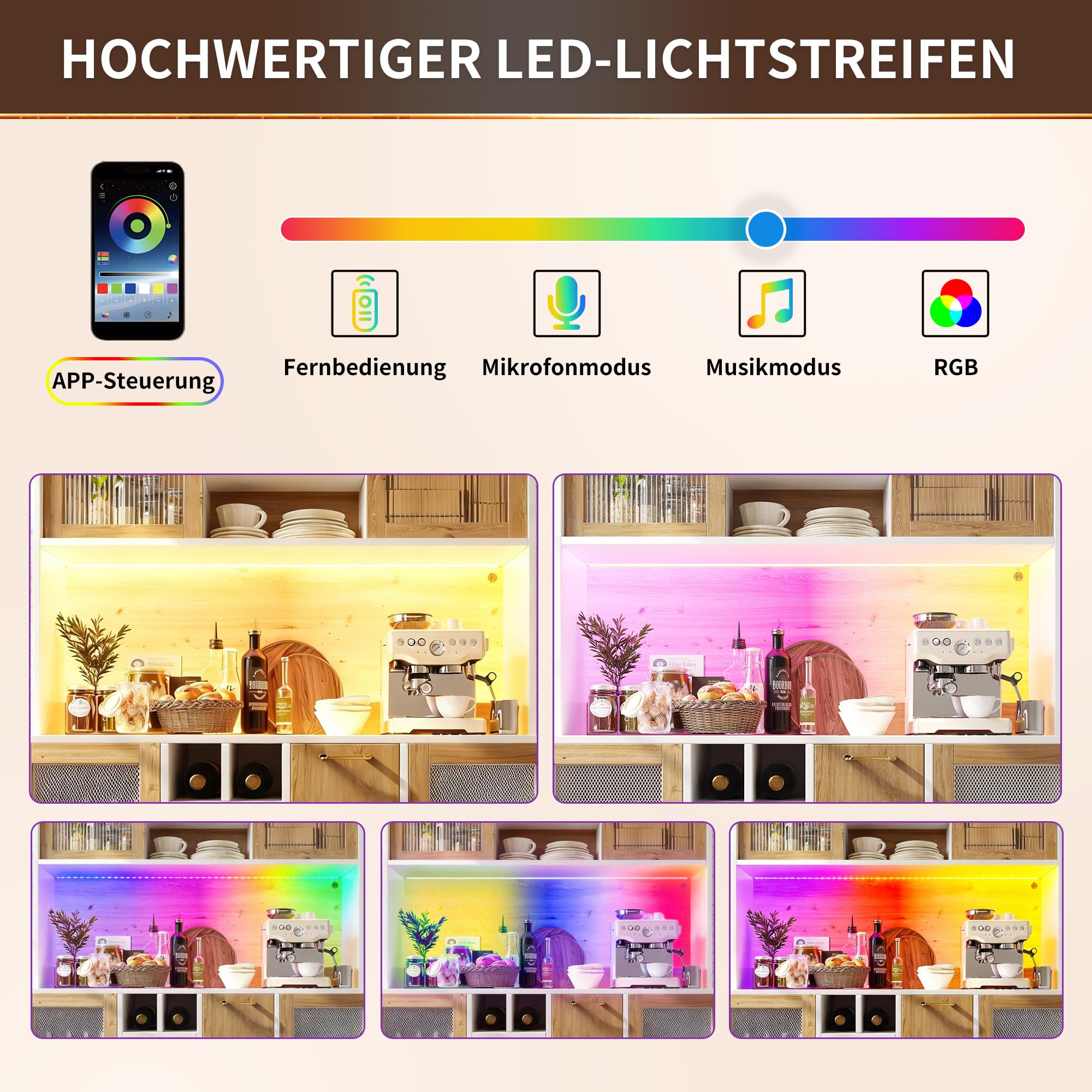Multifunktions-Küchenschrank mit LED-Beleuchtung und Integrierte Steckdose, Hochschrank mit Weinregal und Snackregal, Buffetschrank mit 5 Türen und Offene Regale, Weiß-C, 120x40x170 cm