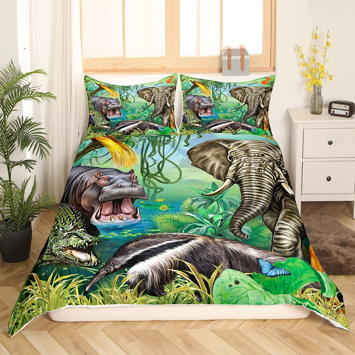 Jungle Animals Duvet Cover Set King Size Crocodile Hippo Elephant Tiger Bedding Set African Safari Animal Printed Comforter Cover For Kids Boys Girls Cartoon Zoo Theme Bedclothes With 2 Pillow Cases - Image 2