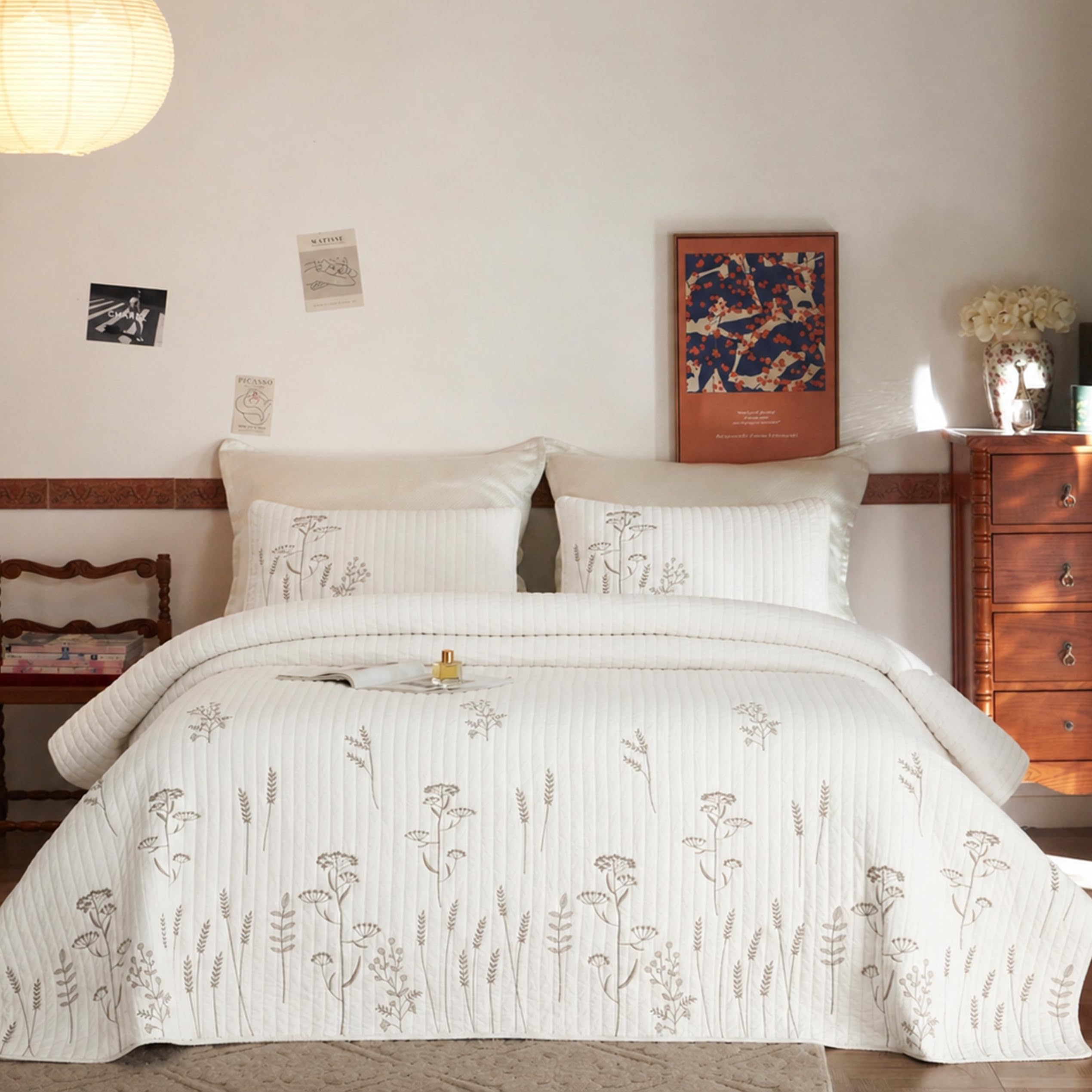 MarCielo 3pcs Cotton Quilt Set White Floral Bedspread