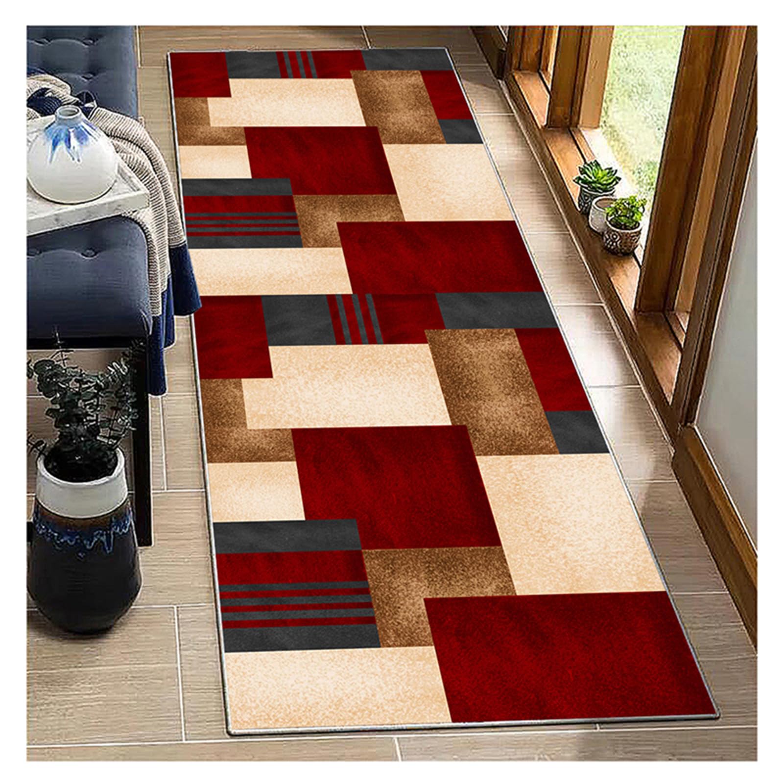 Tappeto Passatoia per Cucina e Corridoio 50x350cm in Borgogna Beige - Tappeto Antiscivolo Lavabile Moderno a Pelo Corto, Design Geometrico per Soggiorno, Lavanderia, Entrata e Camera da Letto