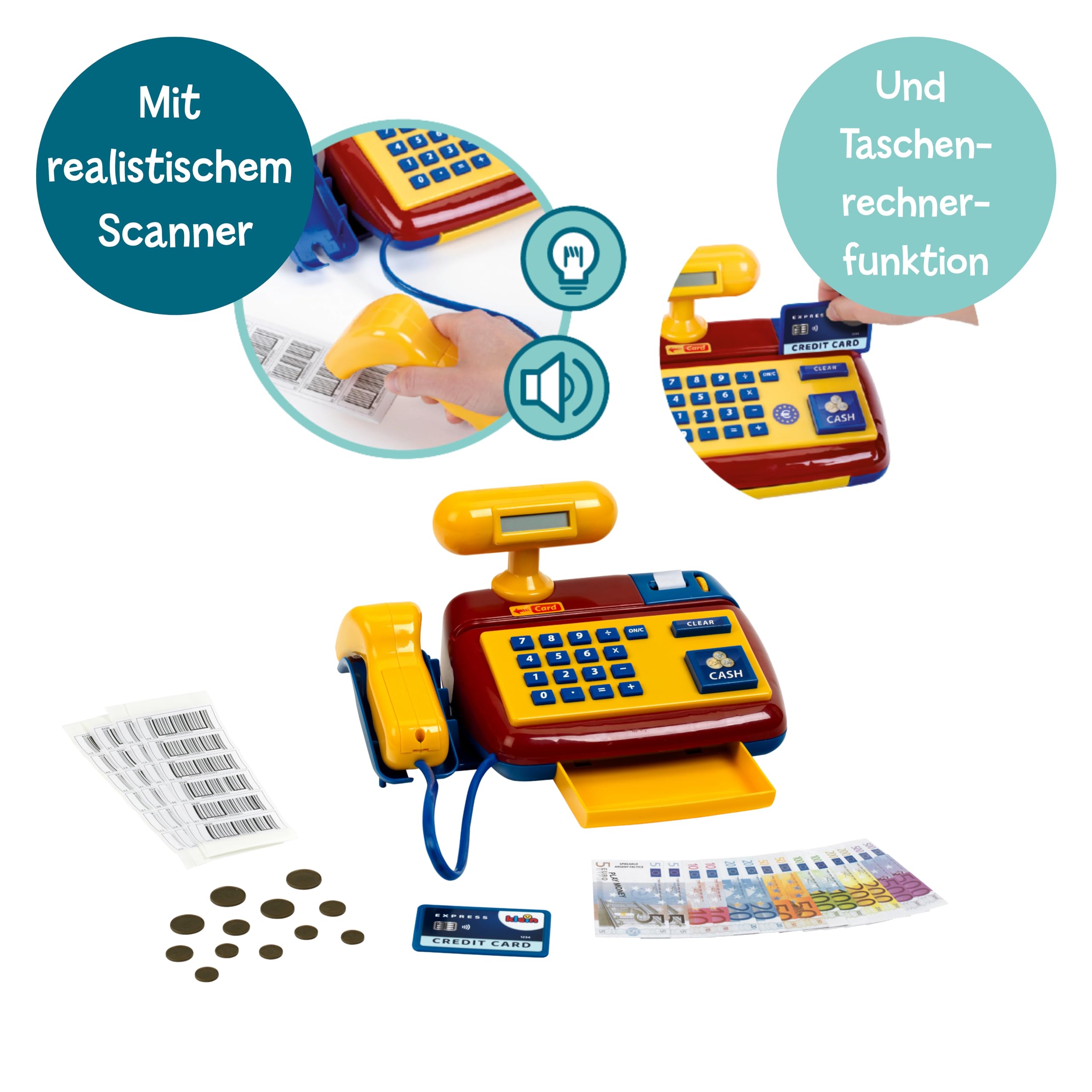 Theo Klein 9330 Registratore di Cassa elettronico, Registratore di Cassa con Scanner, calcolatrice, Suono, Include Soldi per Giocare, 26,5 cm x 17 cm x 14 cm, Giocattoli per Bambini dai 3 Anni in su