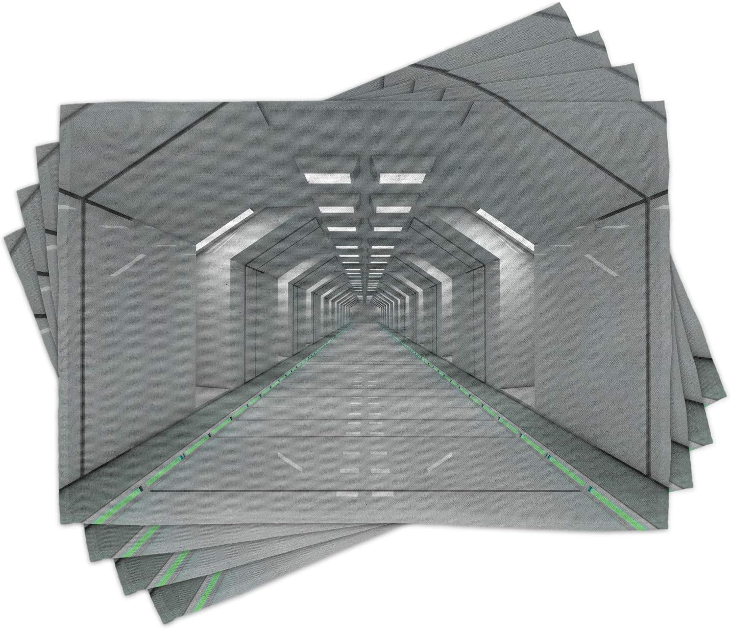 Ambesonne Futuristic Place Mats Set of 4, Sci-Fi Corridor Inside Space Station Ship Laboratory Technology Fiction Picture Art, Washable Fabric Placemats for Dining Room Kitchen Table Decor, Green