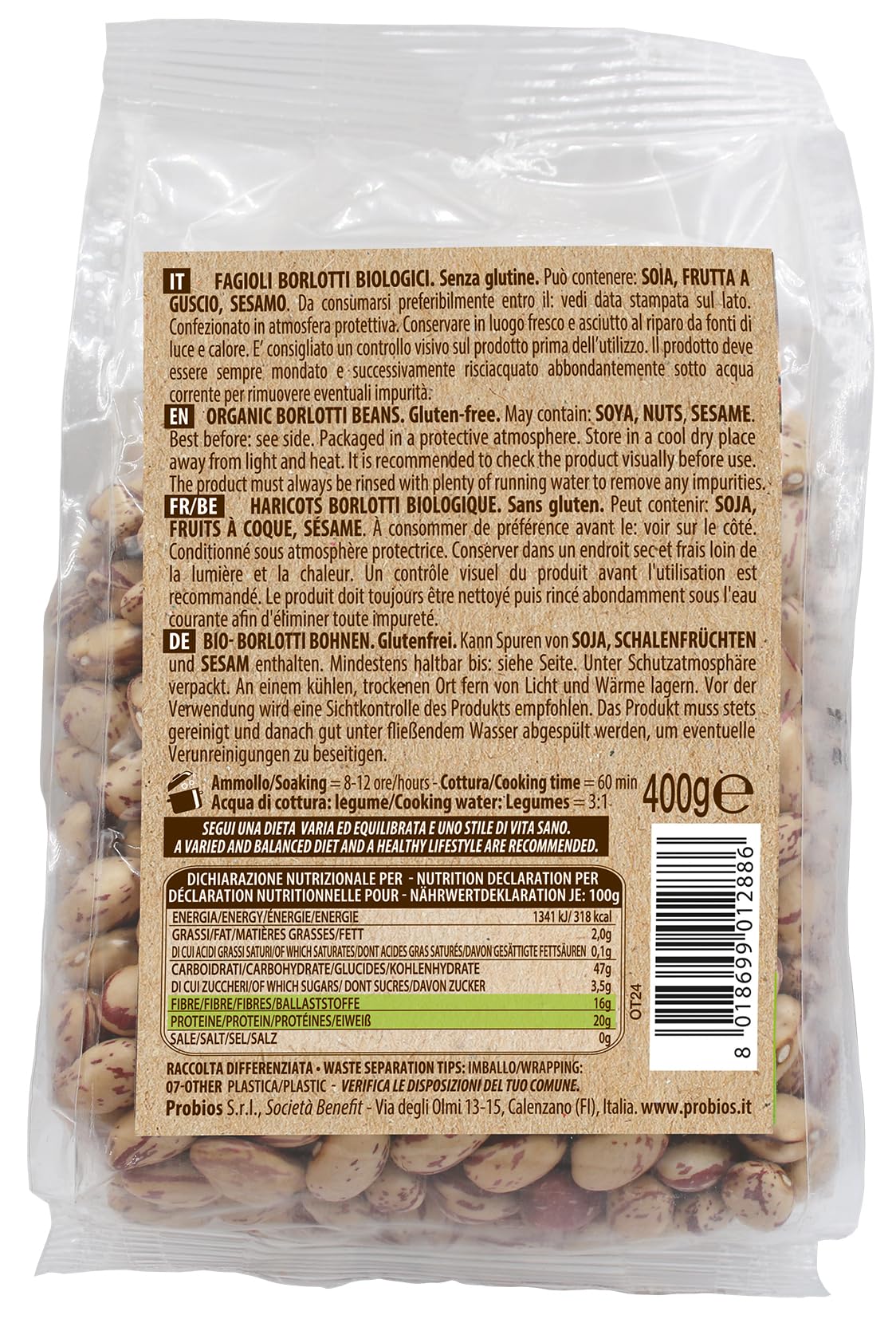 Probios Fagioli Borlotti biologici - Ricchi di proteine ​​vegetali e fibre alimentari - Senza glutine, coltivati ​​in Italia - Confezione da 6 x 400 g