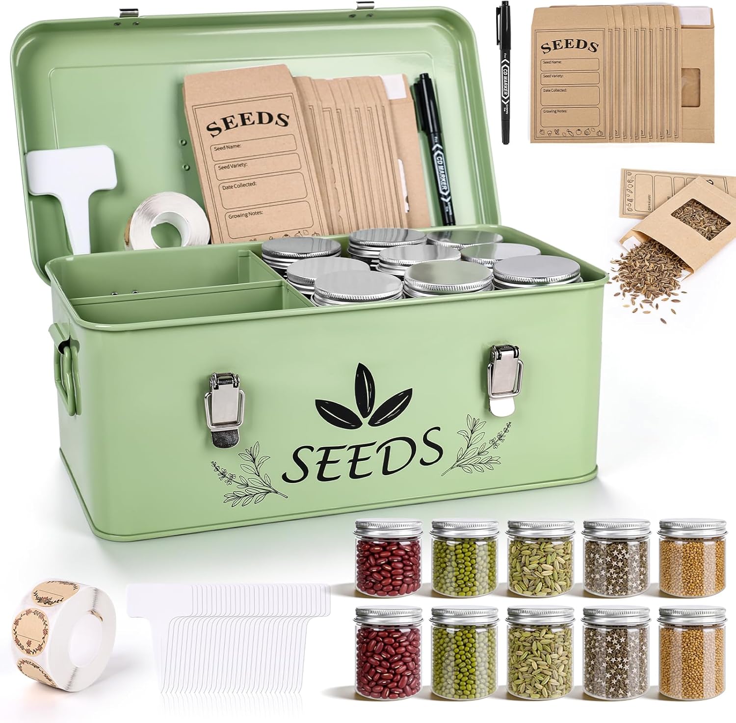 Seed Storage Organizer, Metal Garden Seed Storage Box Kit with 18 Wide-Mouth Vials, 30 Plant Tags, 30 Envelopes, 500 Labels and 1 Marker, for Garden Flower Plants