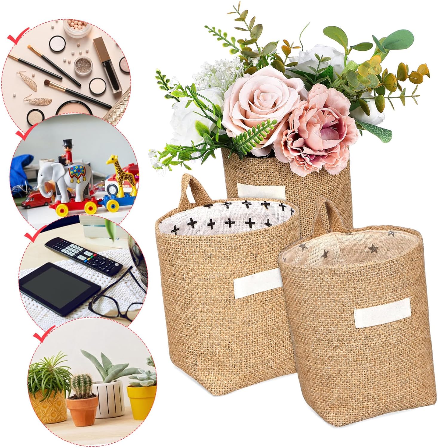Cabilock 6Pcs Mini Hanging Storage Bags:Cotton Linen Wall-Hanging Storage Basket Foldable Wall- Basket for Door Closet