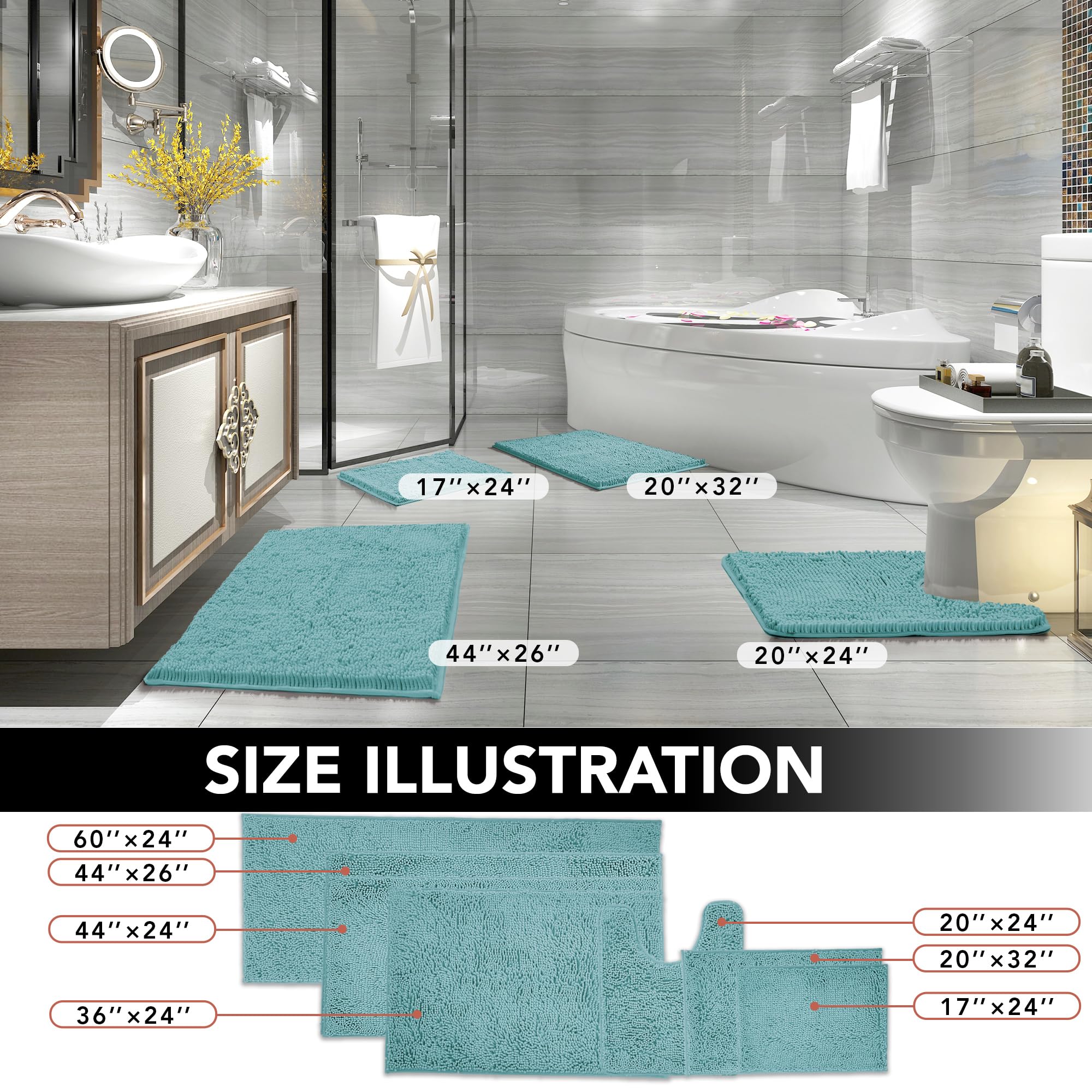 Deconovo Bath Mats for Bathroom, Thick Chenille Soft Quick Dry Plush Absorbent Plush Rugs, Non-Slip Rubber Backing for Bathtubs, Shower Floor and Under The Sink, (47"x27.5", Spa Blue)