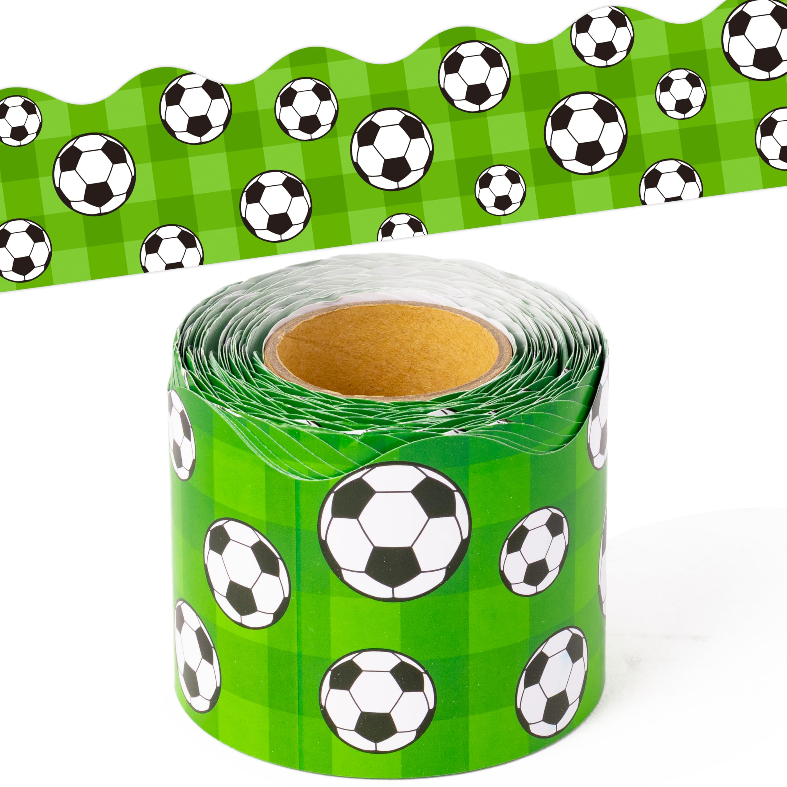 BeYumi Soccer Sport Border Trim - 65ft Back to School Soccer Sport on Green Scalloped Rolled Border Trim Football Sports Ball Theme Bulletin Board Set Party School Classroom Chalkboard Wall Decoration
