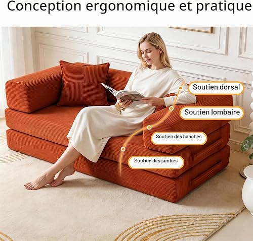 Vipbear Boneless Sofa Bed Double, 160cm Premium Corduroy 5-in-1 Convertable Folding Memory Foam Couch for Small Space, Orange - 4