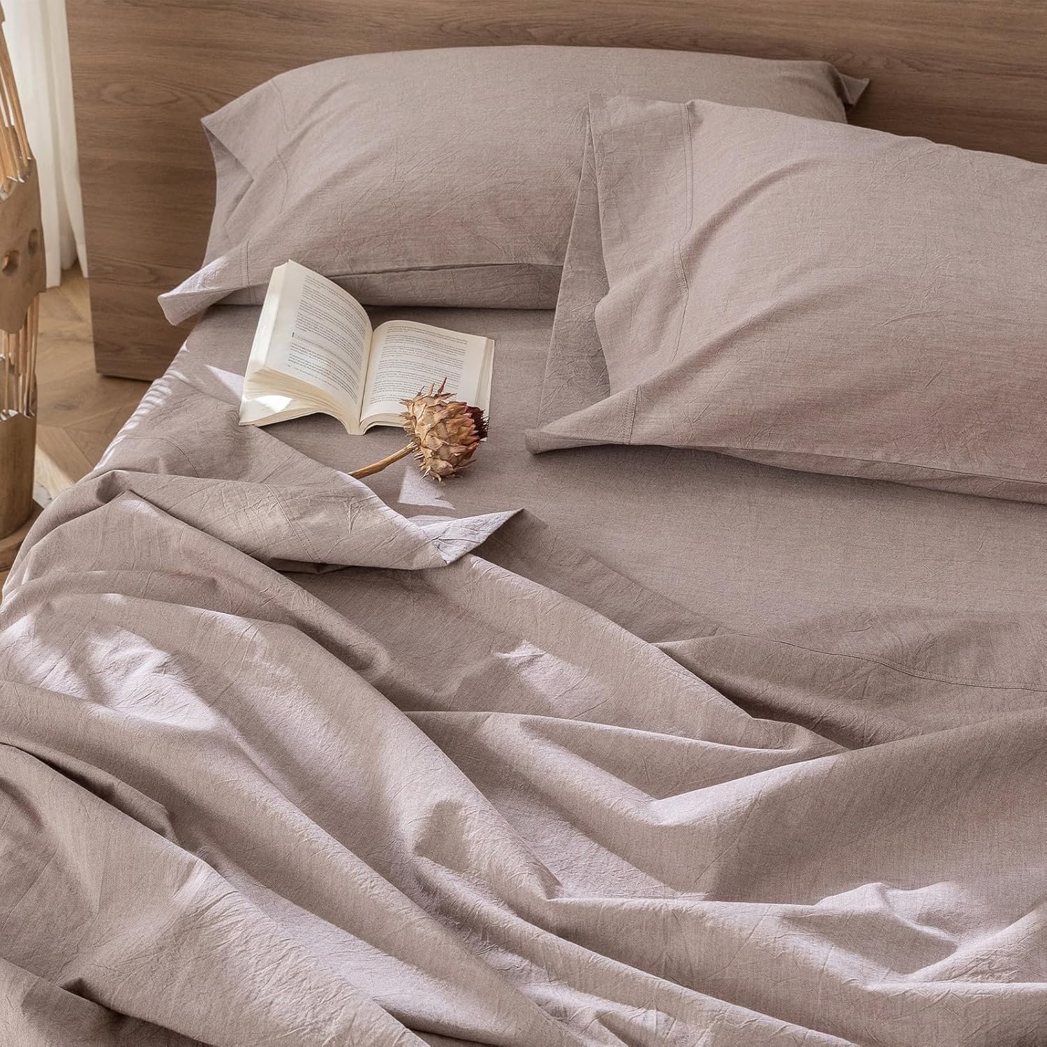 MooMee Flat Top Sheet Only 100% Washed Cotton Linen Like Textured Breathable Durable Soft Comfy (Mauve Brown, Queen)