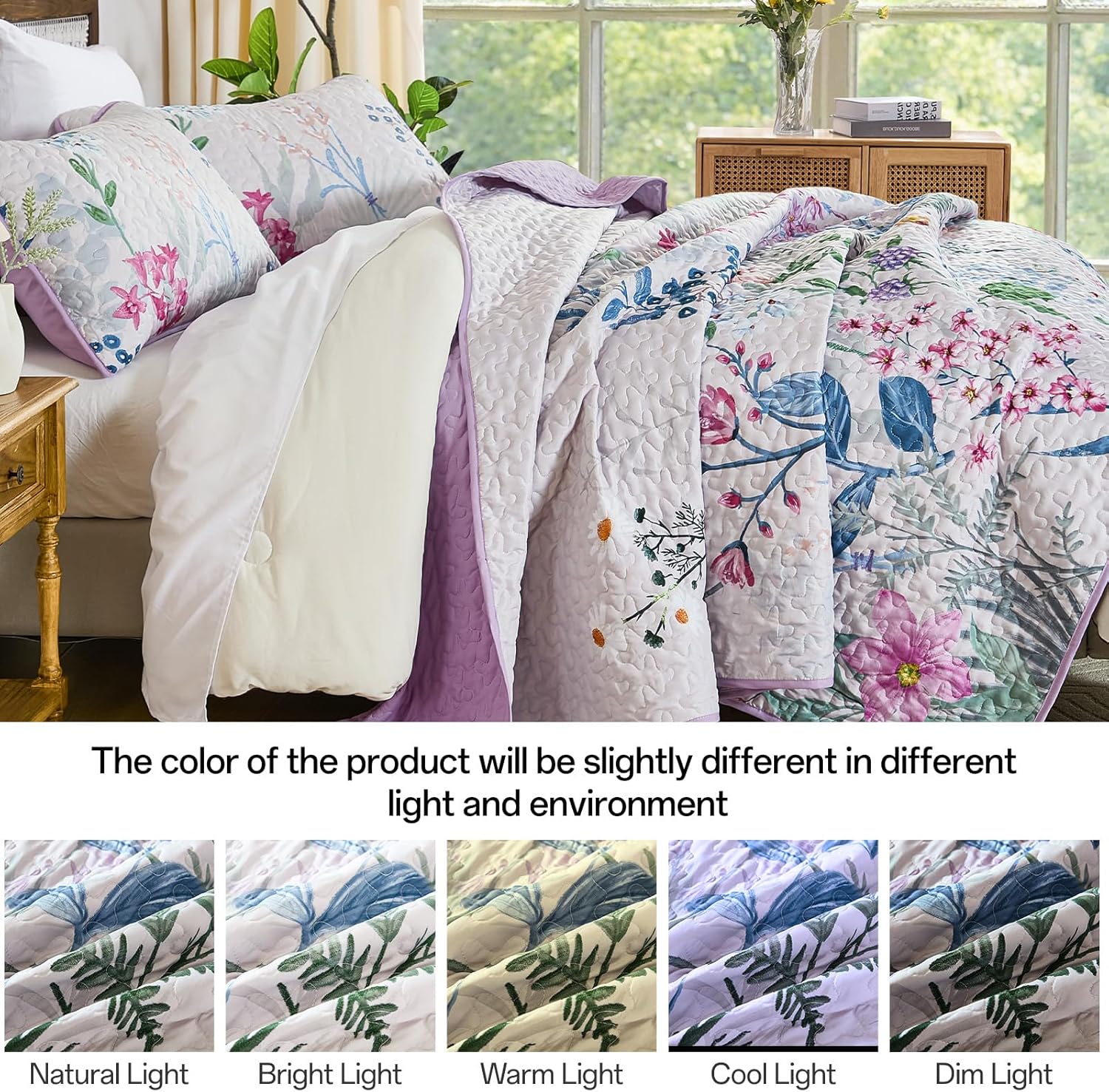 Yiran Floral King Quilt Bedding Set, Purple Colorful Bedspreads, 3 Pieces Spring Summer Soft Lightweight Coverlet with 2 Pillow Shams for All Season 106x90 Inch - Image 8